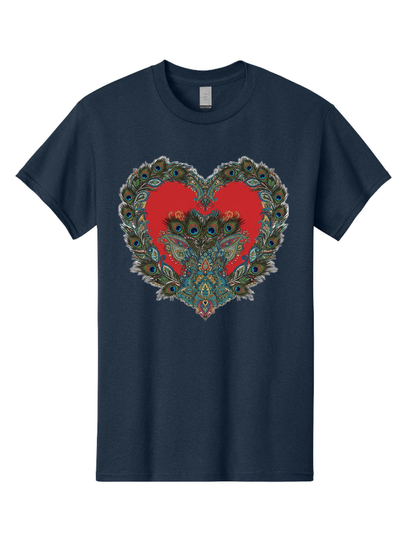 Heart-Peacock Men'S Graphic Tee, 100% Cotton, Comfortable Casual Summer Wear, Machine Washable, Heart Shape, Peacock Feathers, Red Heart, Blue Eyes, Colorful Design, Intricate Patterns, Symbolic Heart, Vibrant Colors, Emotional Expression, Baa788