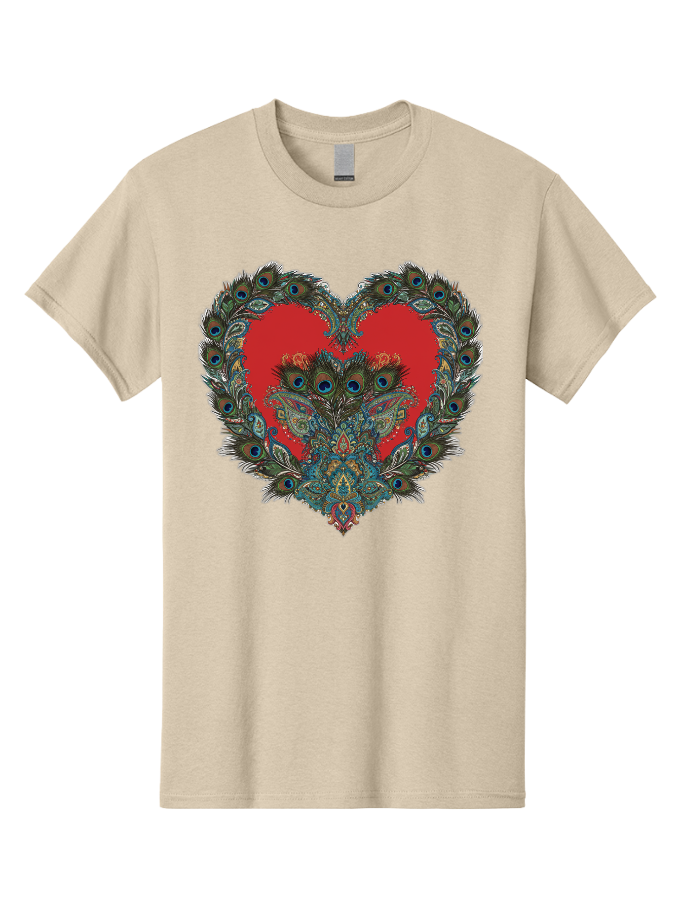 Heart-Peacock Men'S Graphic Tee, 100% Cotton, Comfortable Casual Summer Wear, Machine Washable, Heart Shape, Peacock Feathers, Red Heart, Blue Eyes, Colorful Design, Intricate Patterns, Symbolic Heart, Vibrant Colors, Emotional Expression, Baa788
