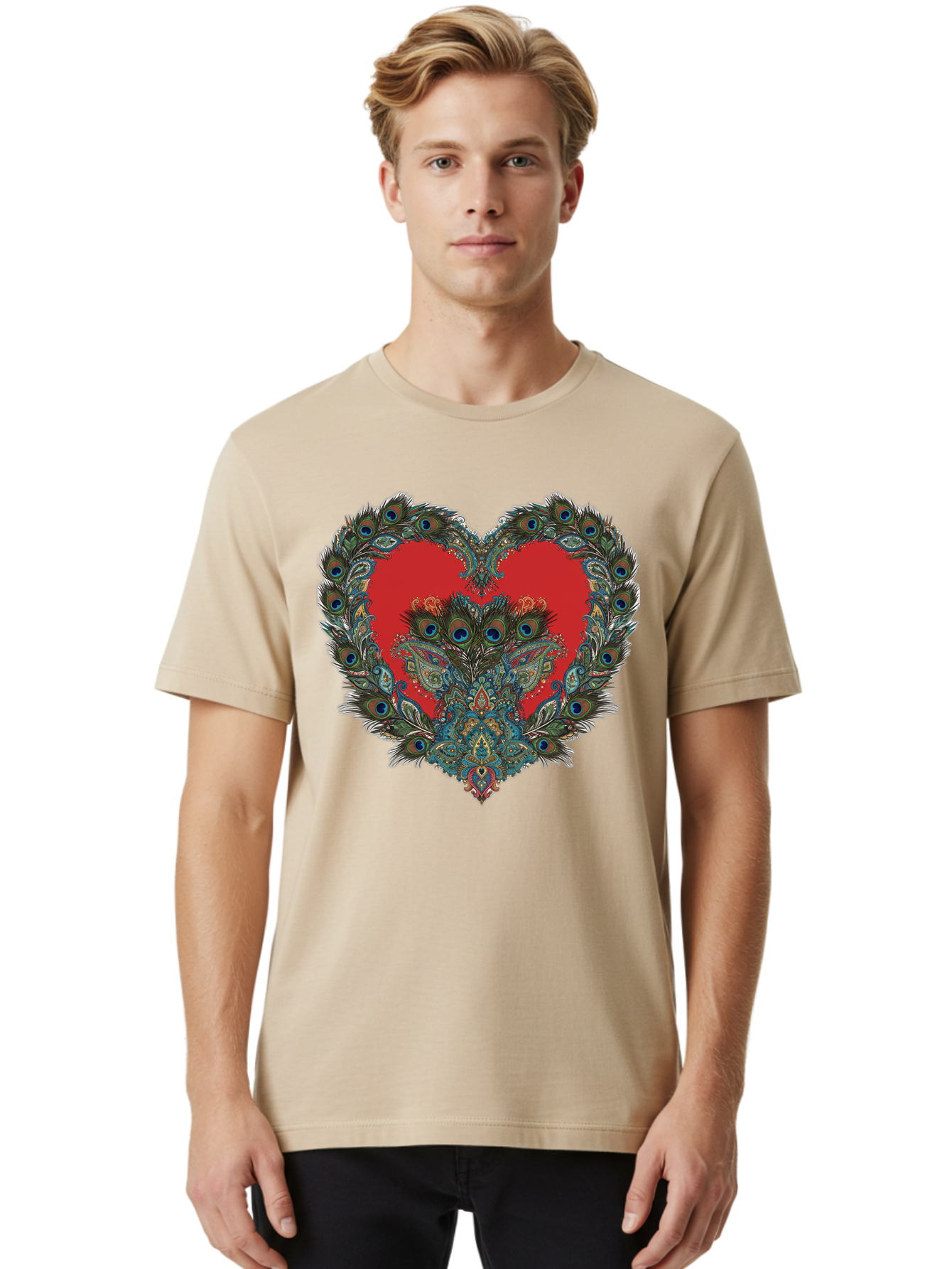 Heart-Peacock Men'S Graphic Tee, 100% Cotton, Comfortable Casual Summer Wear, Machine Washable, Heart Shape, Peacock Feathers, Red Heart, Blue Eyes, Colorful Design, Intricate Patterns, Symbolic Heart, Vibrant Colors, Emotional Expression, Baa788