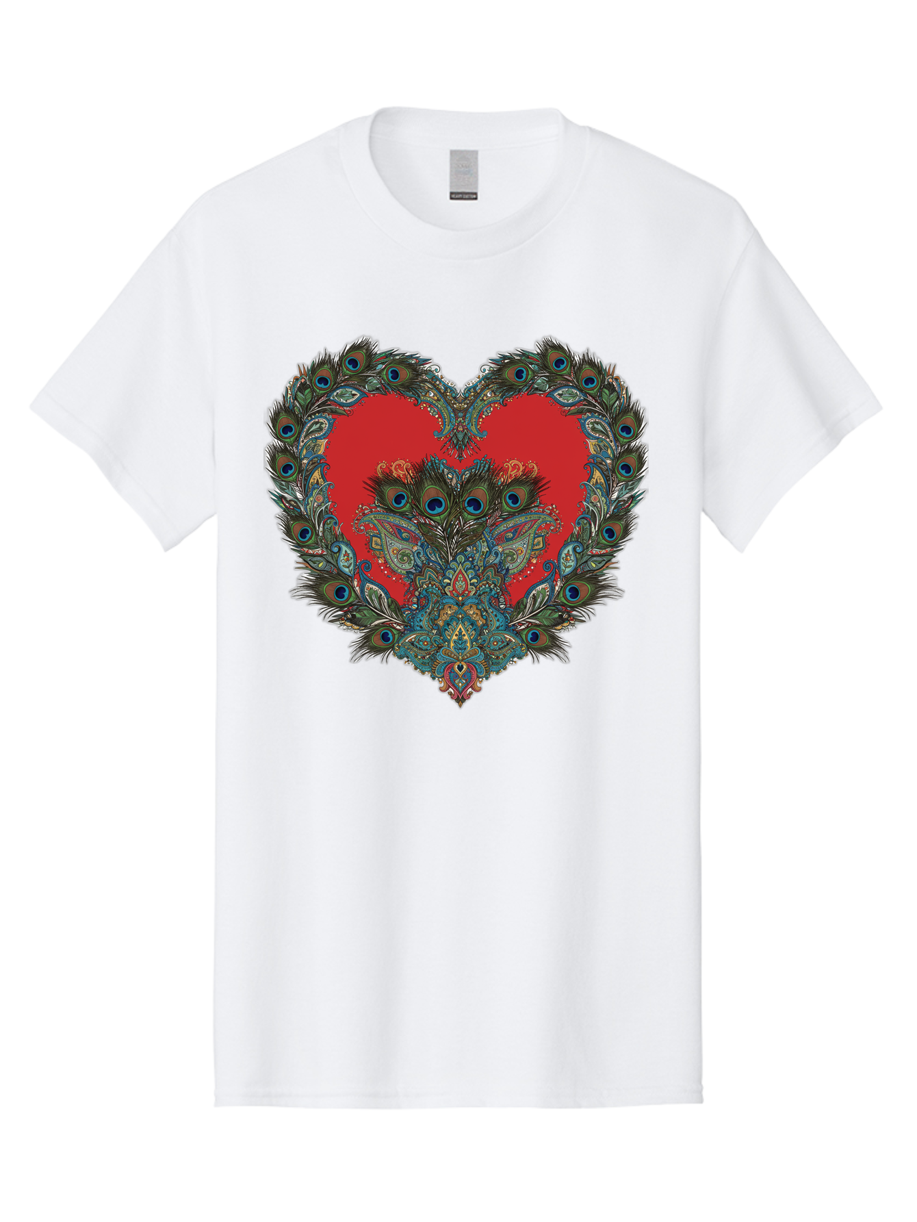 Heart-Peacock Men'S Graphic Tee, 100% Cotton, Comfortable Casual Summer Wear, Machine Washable, Heart Shape, Peacock Feathers, Red Heart, Blue Eyes, Colorful Design, Intricate Patterns, Symbolic Heart, Vibrant Colors, Emotional Expression, Baa788