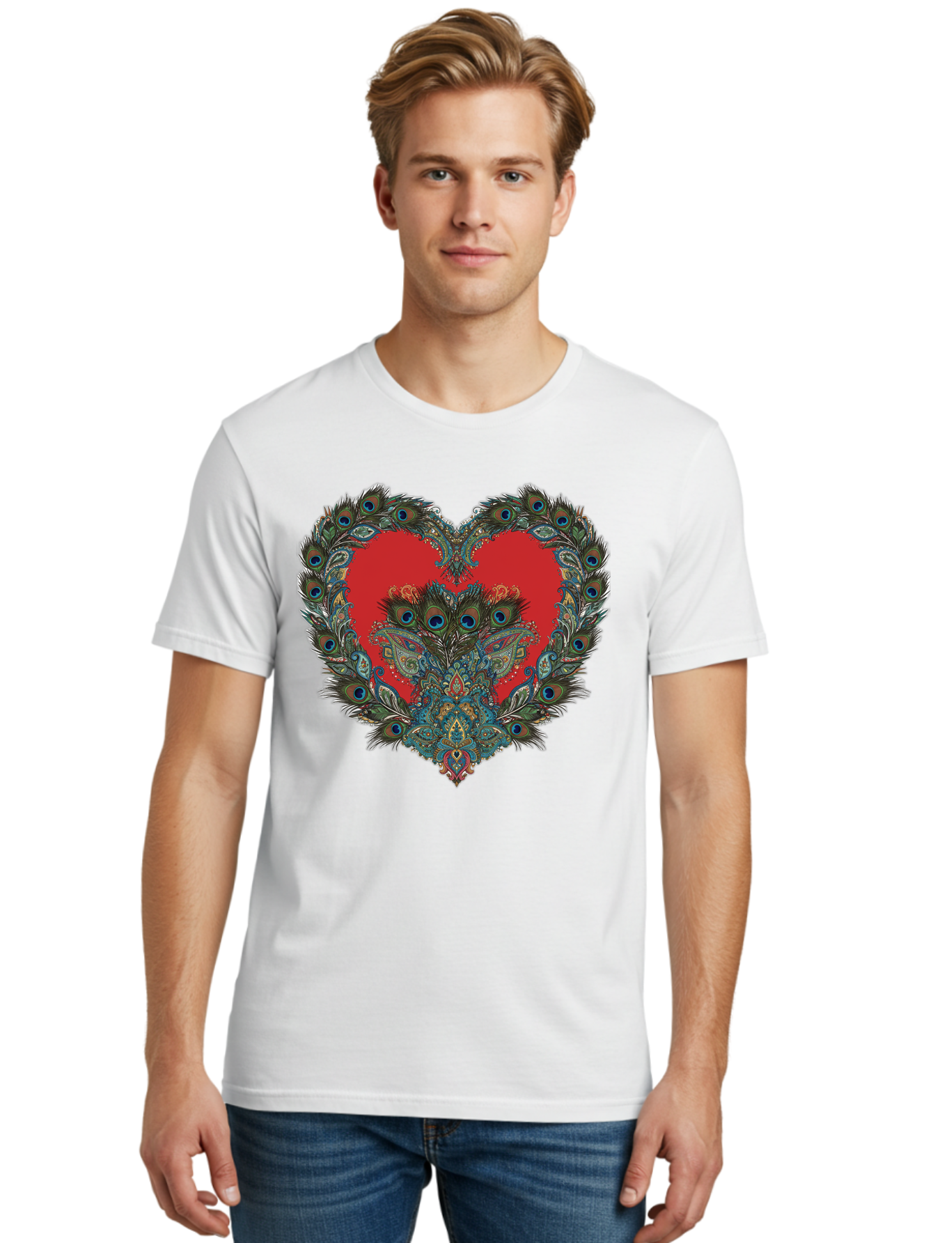 Heart-Peacock Men'S Graphic Tee, 100% Cotton, Comfortable Casual Summer Wear, Machine Washable, Heart Shape, Peacock Feathers, Red Heart, Blue Eyes, Colorful Design, Intricate Patterns, Symbolic Heart, Vibrant Colors, Emotional Expression, Baa788