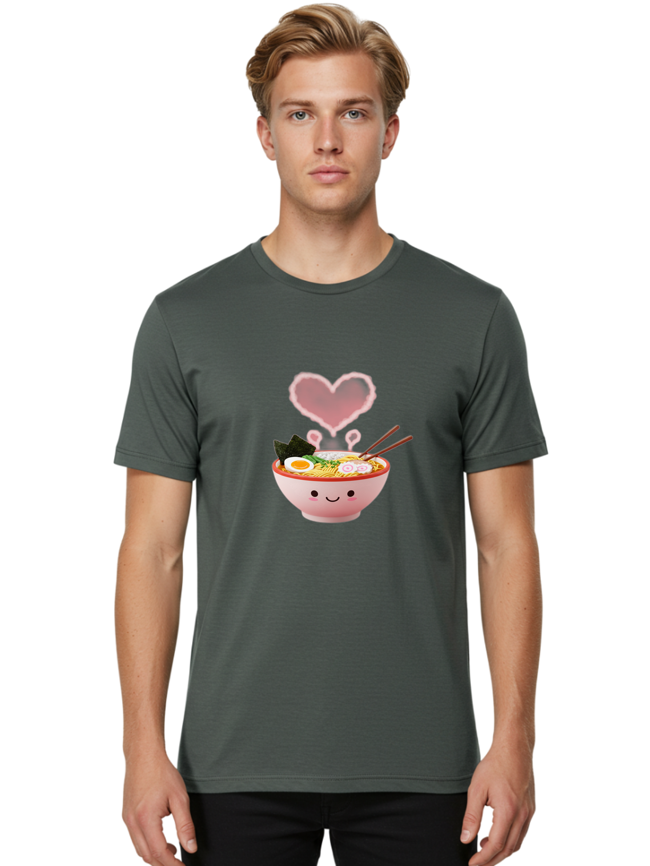 Heart-Ramen Men'S Graphic Tee, 100% Cotton, Comfortable Casual Summer Wear, Machine Washable, Cartoon Ramen Bowl, Cute Noodles, Adorable Meal, Steaming Hot, Pink Heart, Chopsticks, Egg, Seaweed, Tasty Food, Kawaii Culture, Japanese Cuisine, Baa789