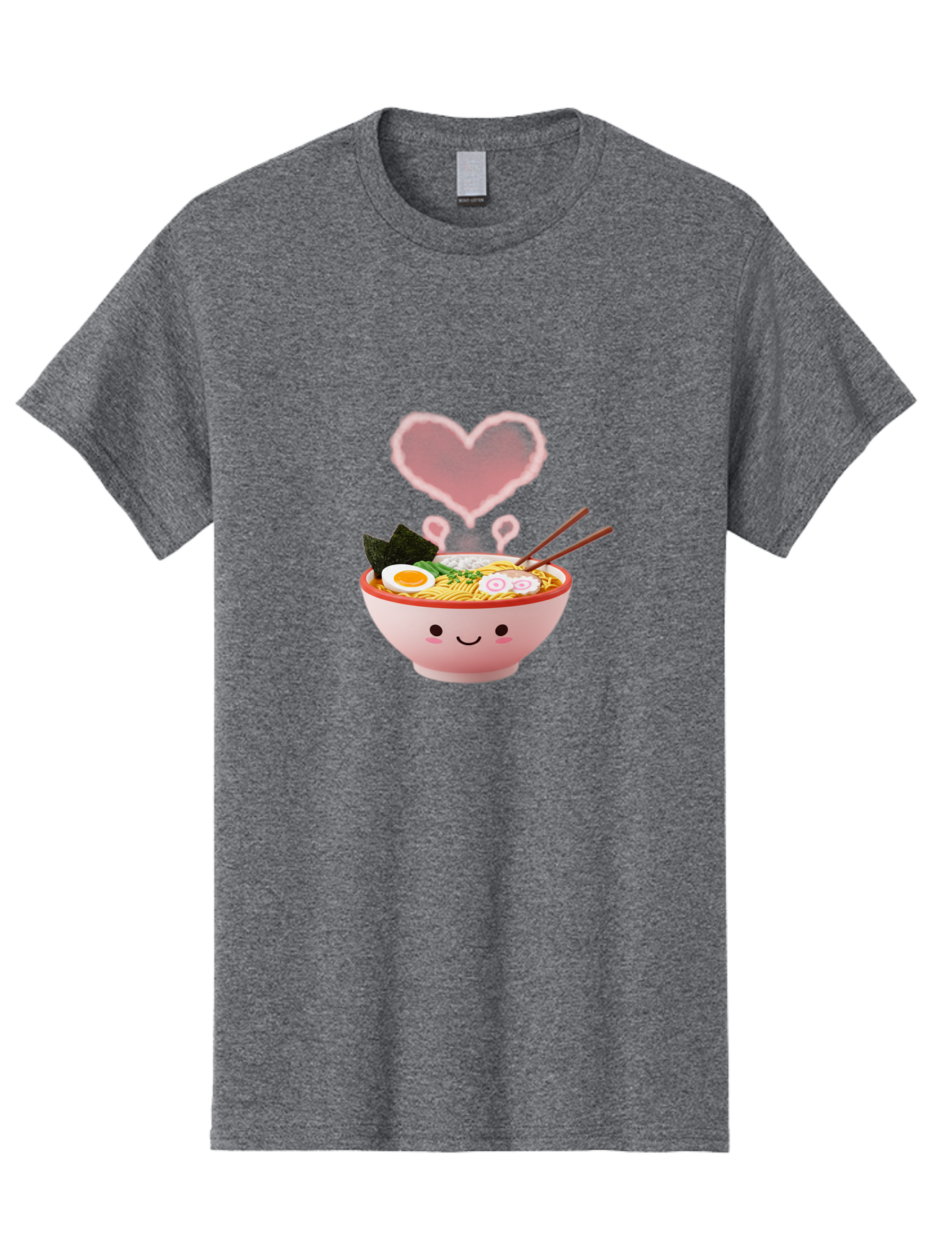 Heart-Ramen Men'S Graphic Tee, 100% Cotton, Comfortable Casual Summer Wear, Machine Washable, Cartoon Ramen Bowl, Cute Noodles, Adorable Meal, Steaming Hot, Pink Heart, Chopsticks, Egg, Seaweed, Tasty Food, Kawaii Culture, Japanese Cuisine, Baa789