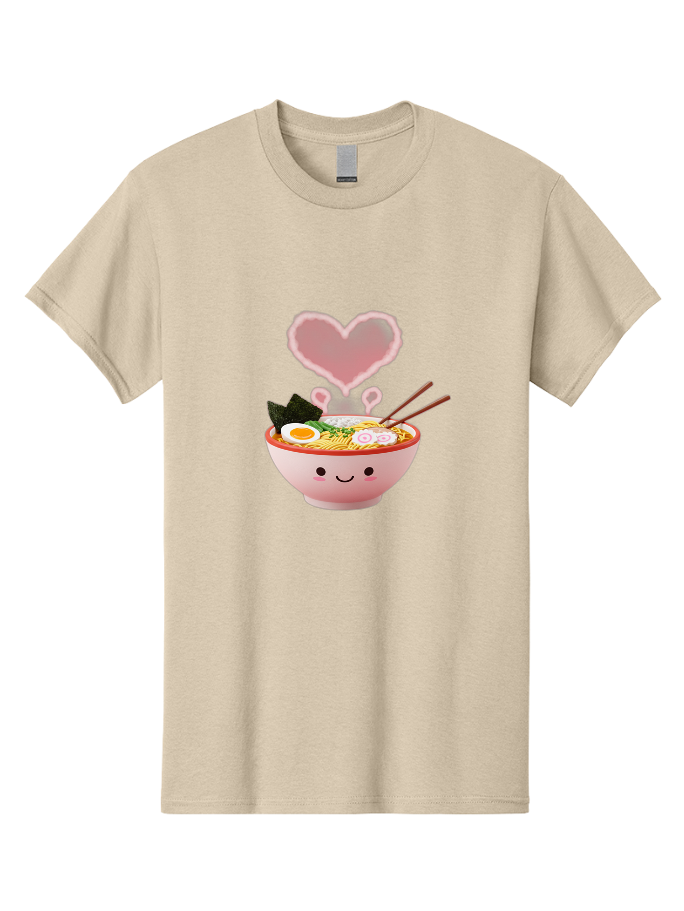 Heart-Ramen Men'S Graphic Tee, 100% Cotton, Comfortable Casual Summer Wear, Machine Washable, Cartoon Ramen Bowl, Cute Noodles, Adorable Meal, Steaming Hot, Pink Heart, Chopsticks, Egg, Seaweed, Tasty Food, Kawaii Culture, Japanese Cuisine, Baa789