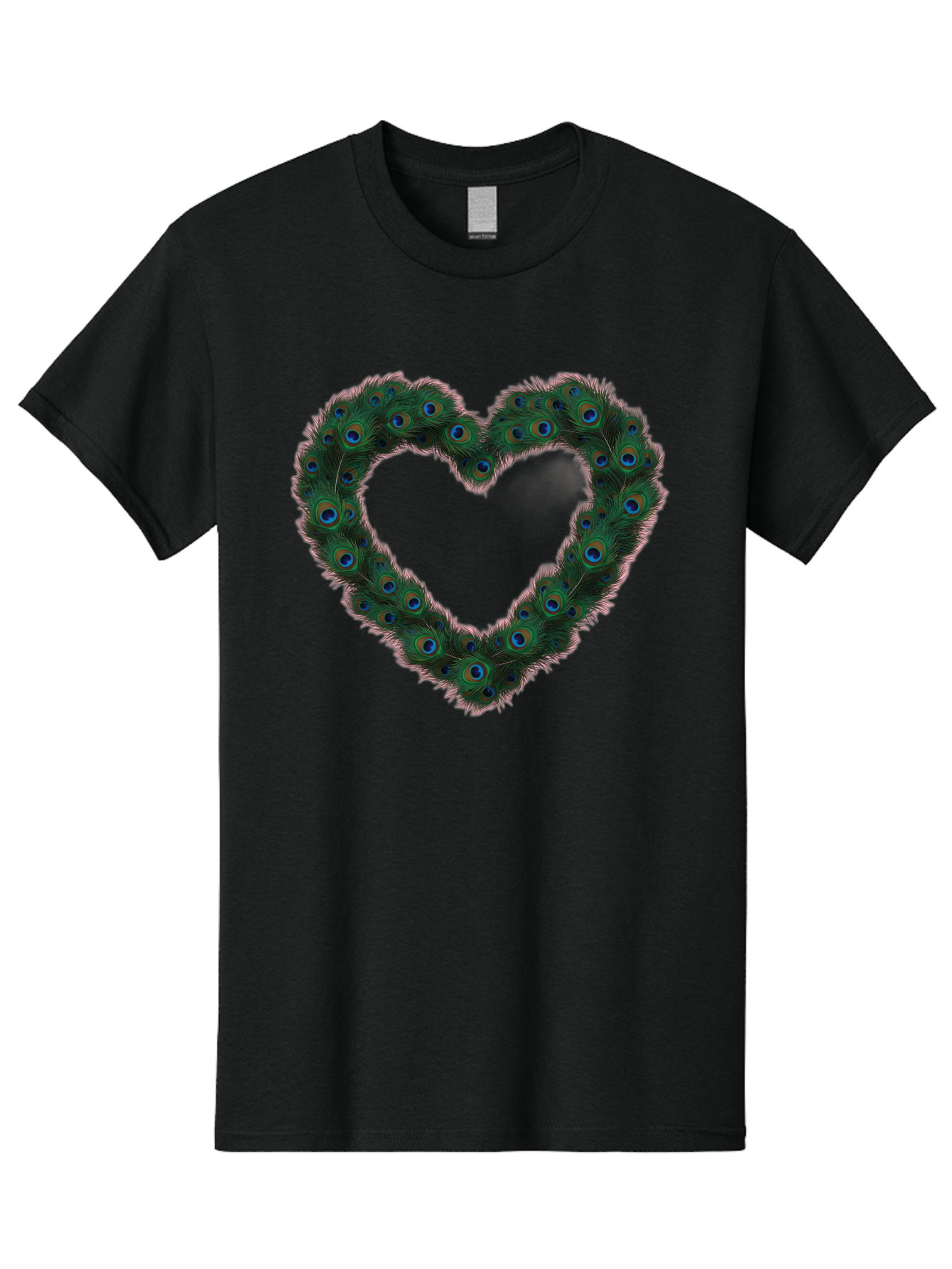 Heart-Shape-Peacock-Feathers Men'S Graphic Tee, 100% Cotton, Comfortable Casual Summer Wear, Machine Washable, Heart Shaped Peacock Feathers, Eye-Catching Design, Vibrant Blue And Green Hues, Symbol Of Love, Decorative Art, Colorful Pattern, Baa790
