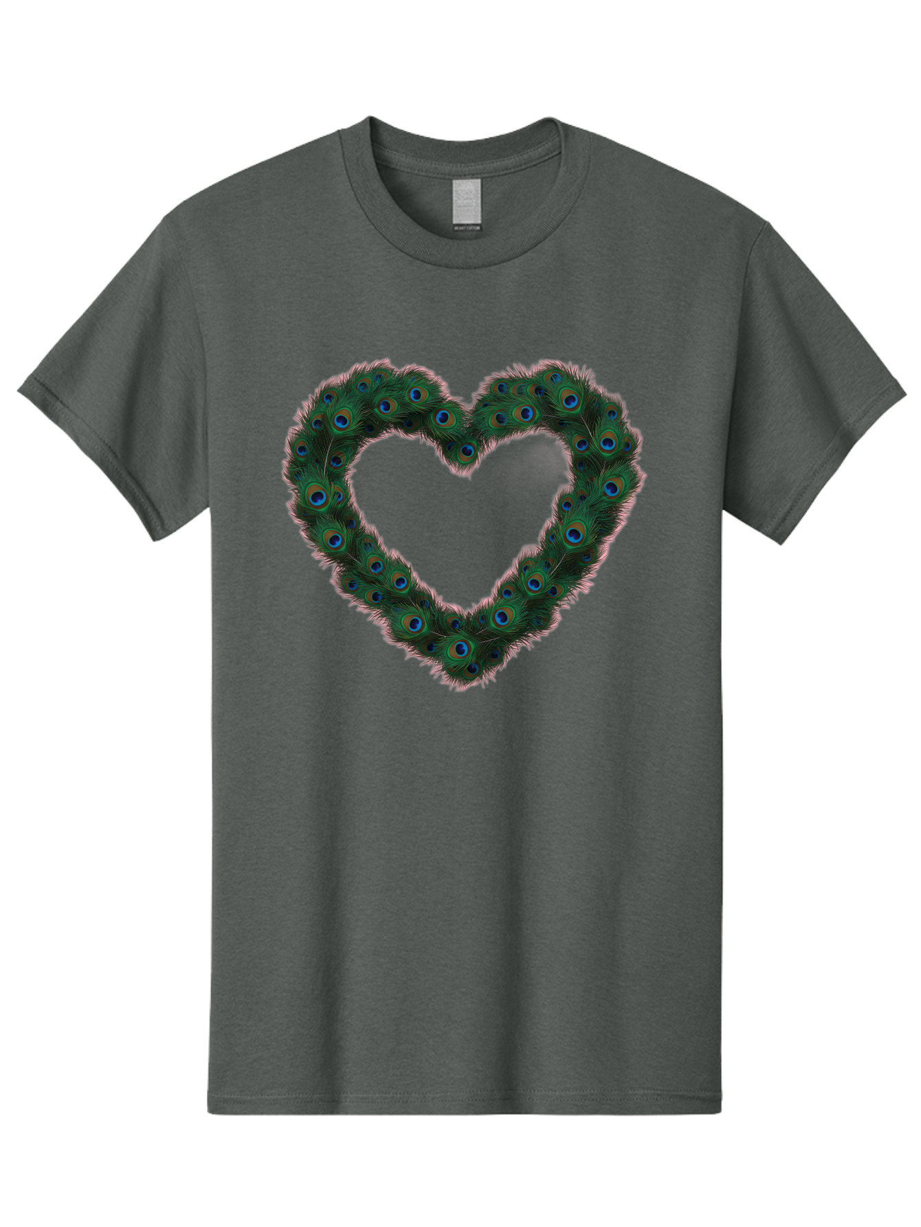 Heart-Shape-Peacock-Feathers Men'S Graphic Tee, 100% Cotton, Comfortable Casual Summer Wear, Machine Washable, Heart Shaped Peacock Feathers, Eye-Catching Design, Vibrant Blue And Green Hues, Symbol Of Love, Decorative Art, Colorful Pattern, Baa790