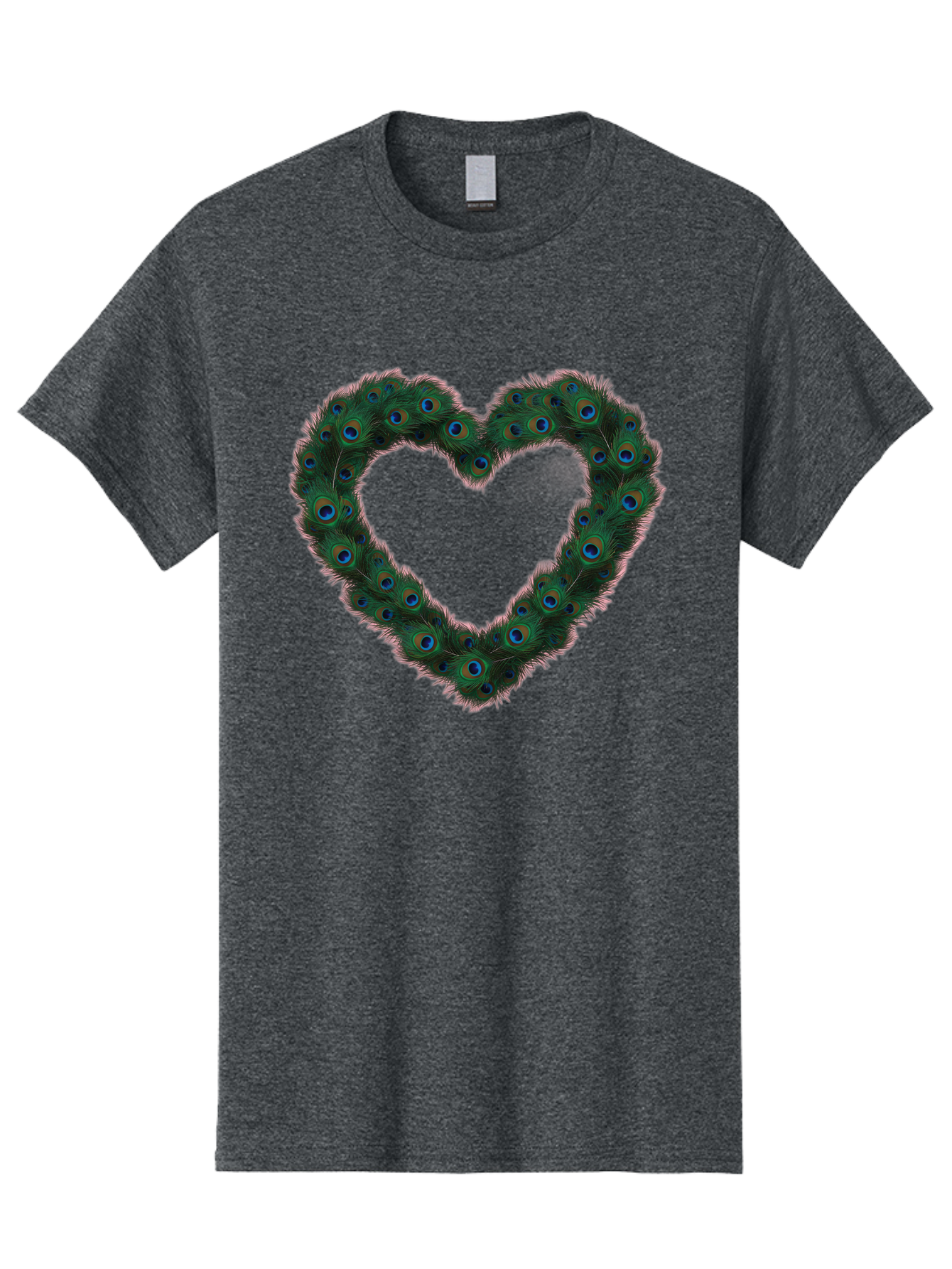 Heart-Shape-Peacock-Feathers Men'S Graphic Tee, 100% Cotton, Comfortable Casual Summer Wear, Machine Washable, Heart Shaped Peacock Feathers, Eye-Catching Design, Vibrant Blue And Green Hues, Symbol Of Love, Decorative Art, Colorful Pattern, Baa790
