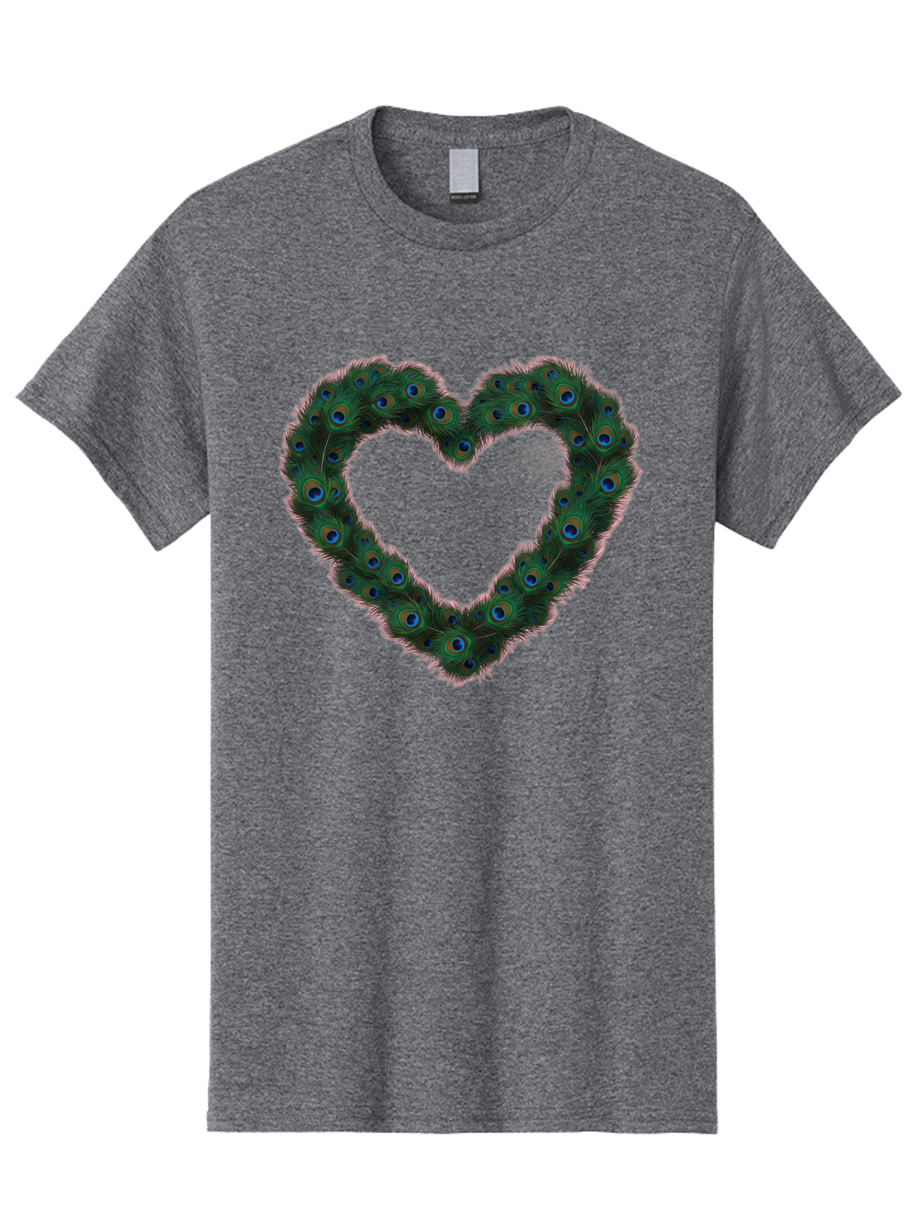 Heart-Shape-Peacock-Feathers Men'S Graphic Tee, 100% Cotton, Comfortable Casual Summer Wear, Machine Washable, Heart Shaped Peacock Feathers, Eye-Catching Design, Vibrant Blue And Green Hues, Symbol Of Love, Decorative Art, Colorful Pattern, Baa790