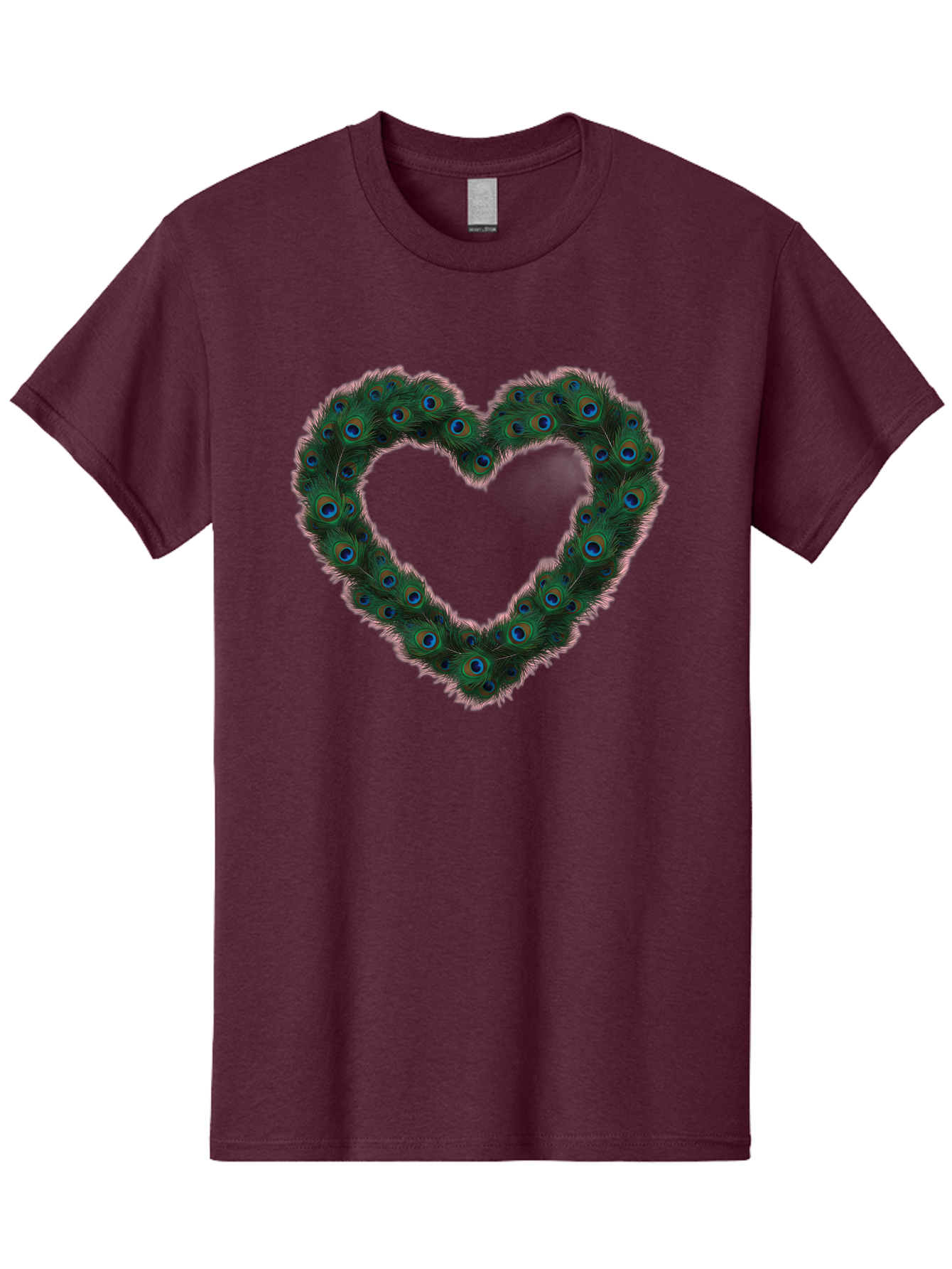 Heart-Shape-Peacock-Feathers Men'S Graphic Tee, 100% Cotton, Comfortable Casual Summer Wear, Machine Washable, Heart Shaped Peacock Feathers, Eye-Catching Design, Vibrant Blue And Green Hues, Symbol Of Love, Decorative Art, Colorful Pattern, Baa790