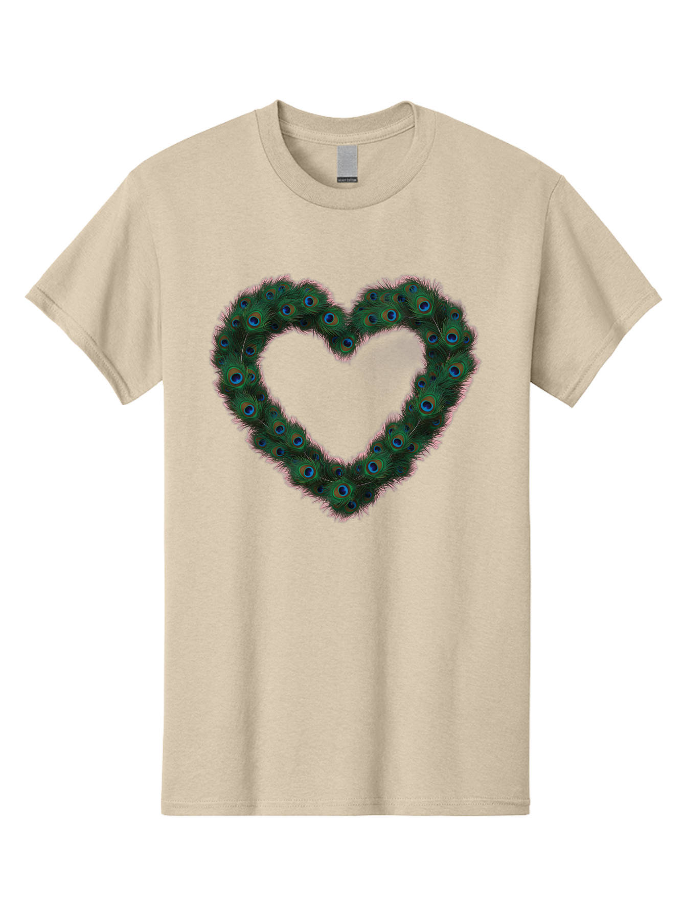 Heart-Shape-Peacock-Feathers Men'S Graphic Tee, 100% Cotton, Comfortable Casual Summer Wear, Machine Washable, Heart Shaped Peacock Feathers, Eye-Catching Design, Vibrant Blue And Green Hues, Symbol Of Love, Decorative Art, Colorful Pattern, Baa790