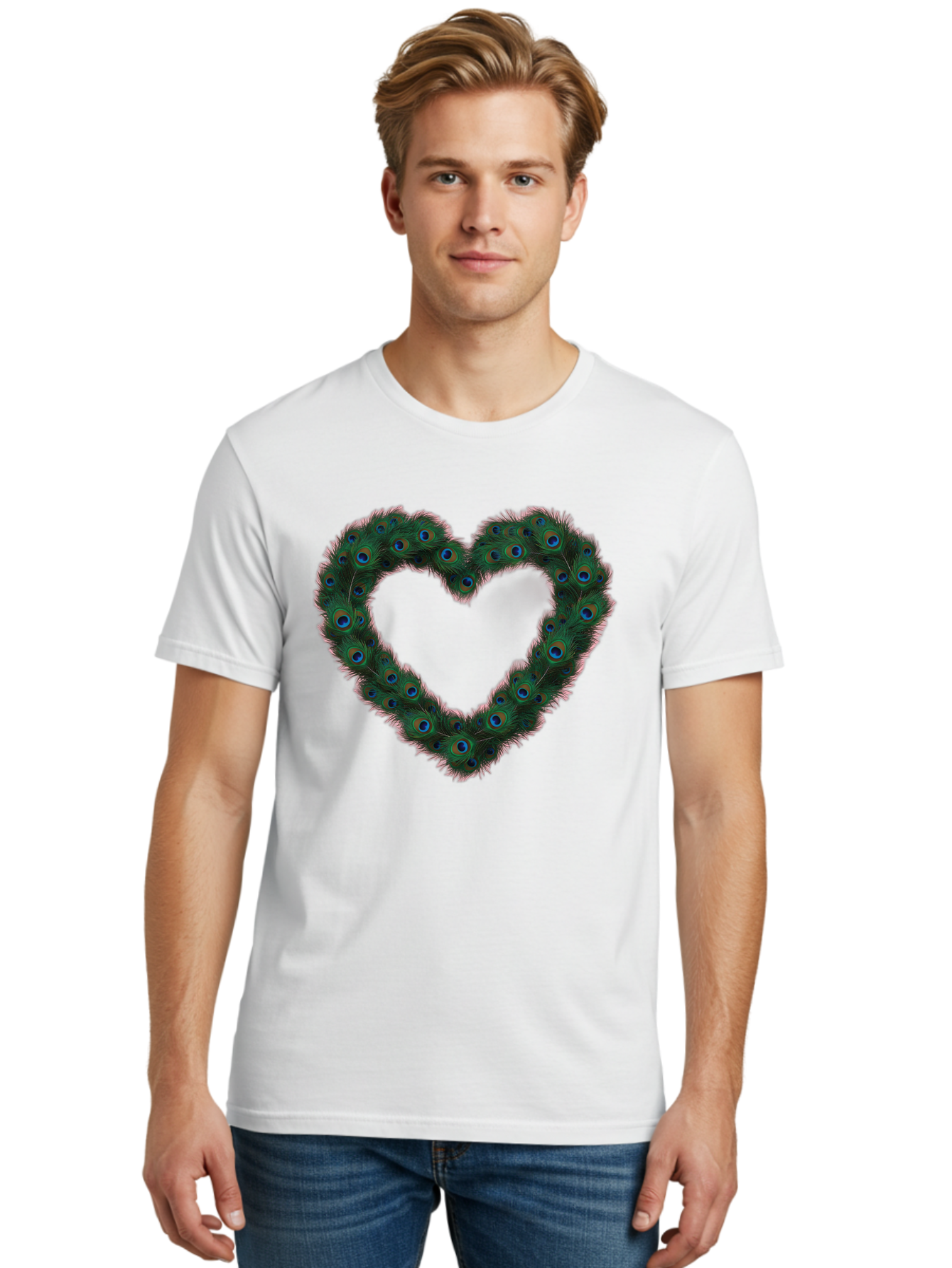 Heart-Shape-Peacock-Feathers Men'S Graphic Tee, 100% Cotton, Comfortable Casual Summer Wear, Machine Washable, Heart Shaped Peacock Feathers, Eye-Catching Design, Vibrant Blue And Green Hues, Symbol Of Love, Decorative Art, Colorful Pattern, Baa790
