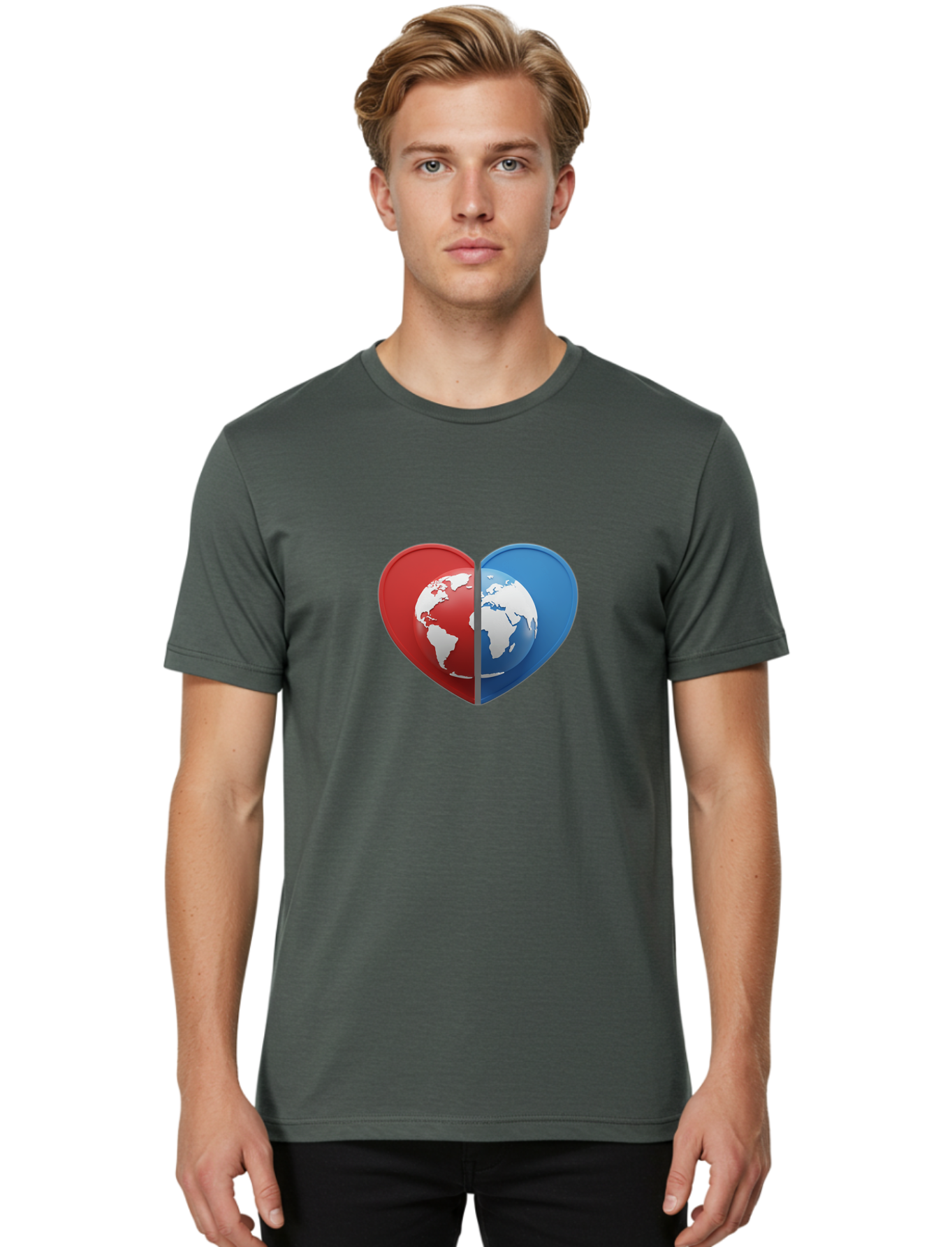 Heart-Shaped-Earth Men'S Graphic Tee, 100% Cotton, Comfortable Casual Summer Wear, Machine Washable, Heart-Shaped Earth, Global Unity, World Love, International Harmony, Earth Symbol, Global Connection, Love For Planet, World Map, Baa791