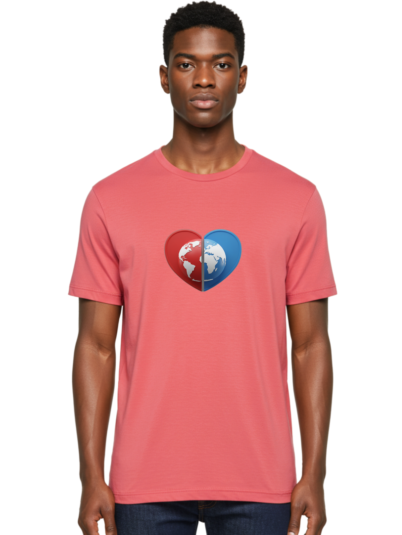 Heart-Shaped-Earth Men'S Graphic Tee, 100% Cotton, Comfortable Casual Summer Wear, Machine Washable, Heart-Shaped Earth, Global Unity, World Love, International Harmony, Earth Symbol, Global Connection, Love For Planet, World Map, Baa791