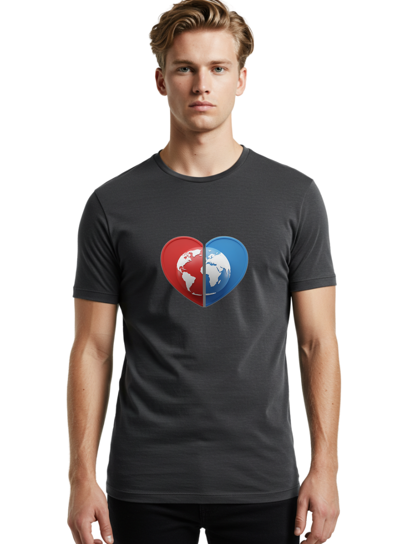 Heart-Shaped-Earth Men'S Graphic Tee, 100% Cotton, Comfortable Casual Summer Wear, Machine Washable, Heart-Shaped Earth, Global Unity, World Love, International Harmony, Earth Symbol, Global Connection, Love For Planet, World Map, Baa791