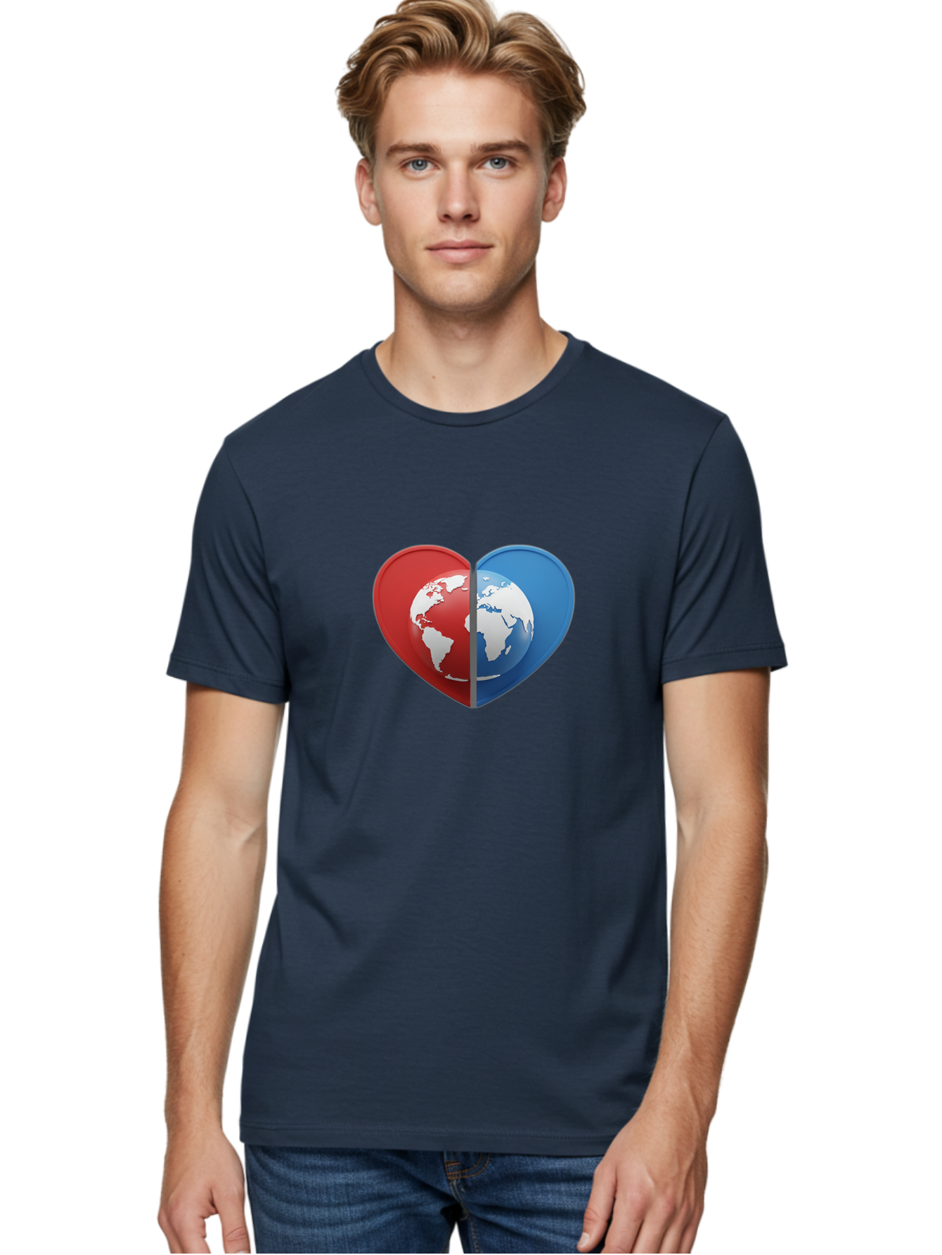 Heart-Shaped-Earth Men'S Graphic Tee, 100% Cotton, Comfortable Casual Summer Wear, Machine Washable, Heart-Shaped Earth, Global Unity, World Love, International Harmony, Earth Symbol, Global Connection, Love For Planet, World Map, Baa791