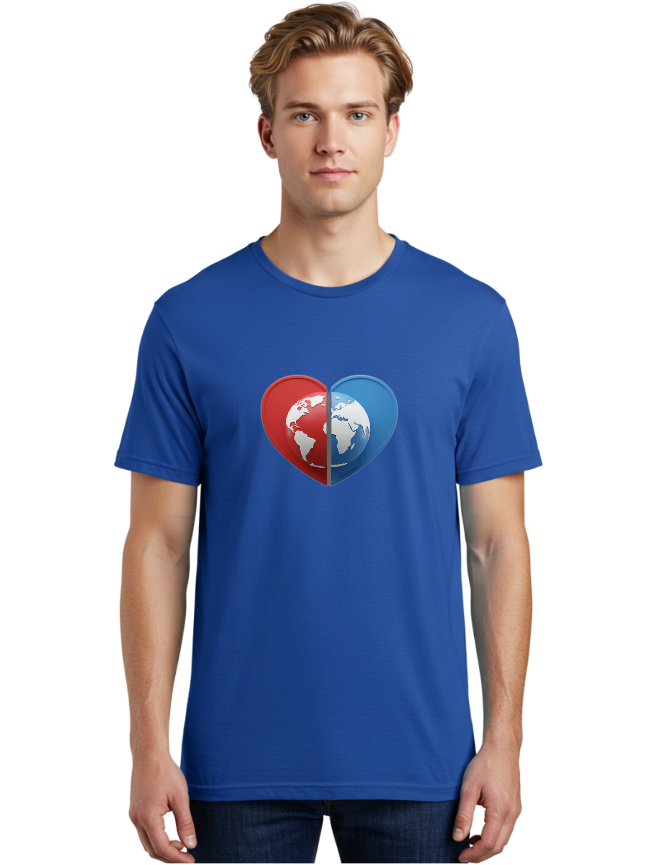 Heart-Shaped-Earth Men'S Graphic Tee, 100% Cotton, Comfortable Casual Summer Wear, Machine Washable, Heart-Shaped Earth, Global Unity, World Love, International Harmony, Earth Symbol, Global Connection, Love For Planet, World Map, Baa791