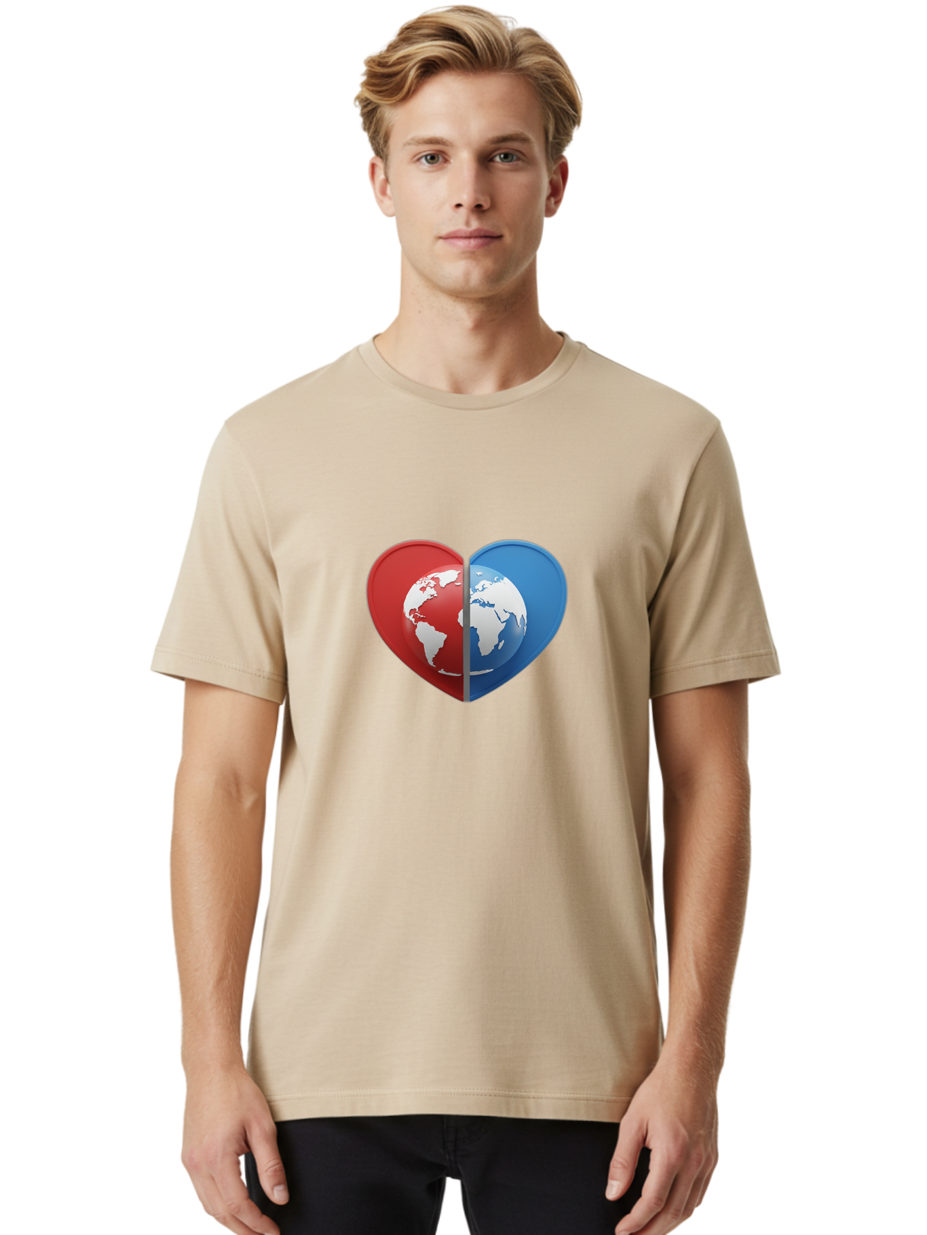 Heart-Shaped-Earth Men'S Graphic Tee, 100% Cotton, Comfortable Casual Summer Wear, Machine Washable, Heart-Shaped Earth, Global Unity, World Love, International Harmony, Earth Symbol, Global Connection, Love For Planet, World Map, Baa791