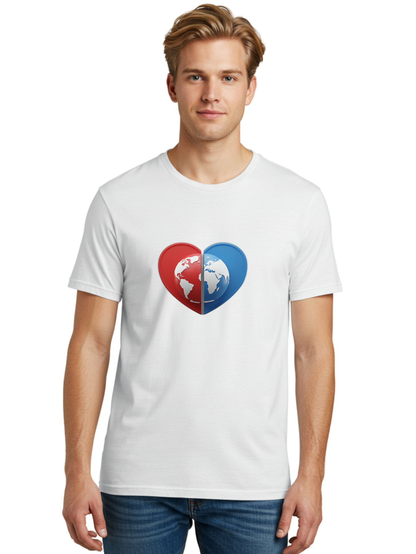 Heart-Shaped-Earth Men'S Graphic Tee, 100% Cotton, Comfortable Casual Summer Wear, Machine Washable, Heart-Shaped Earth, Global Unity, World Love, International Harmony, Earth Symbol, Global Connection, Love For Planet, World Map, Baa791