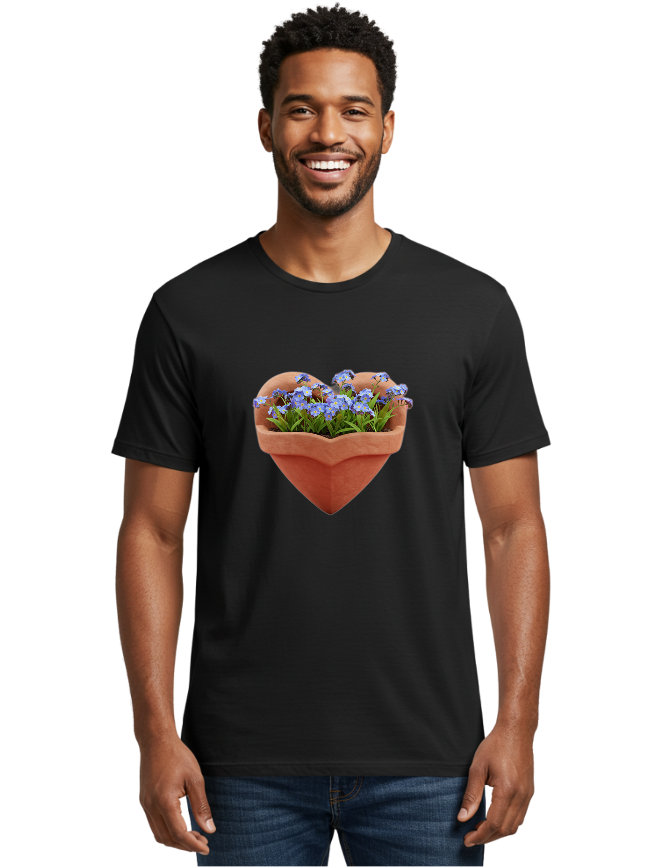 Heart-Shaped-Pot-With-Flowers Men'S Graphic Tee, 100% Cotton, Comfortable Casual Summer Wear, Machine Washable, Heart-Shaped Terracotta Pot, Blooming Blue Flowers, Vibrant Flowers, Fresh Blooms, Floral Arrangement, Flower Pot, Blue Petals, Baa792