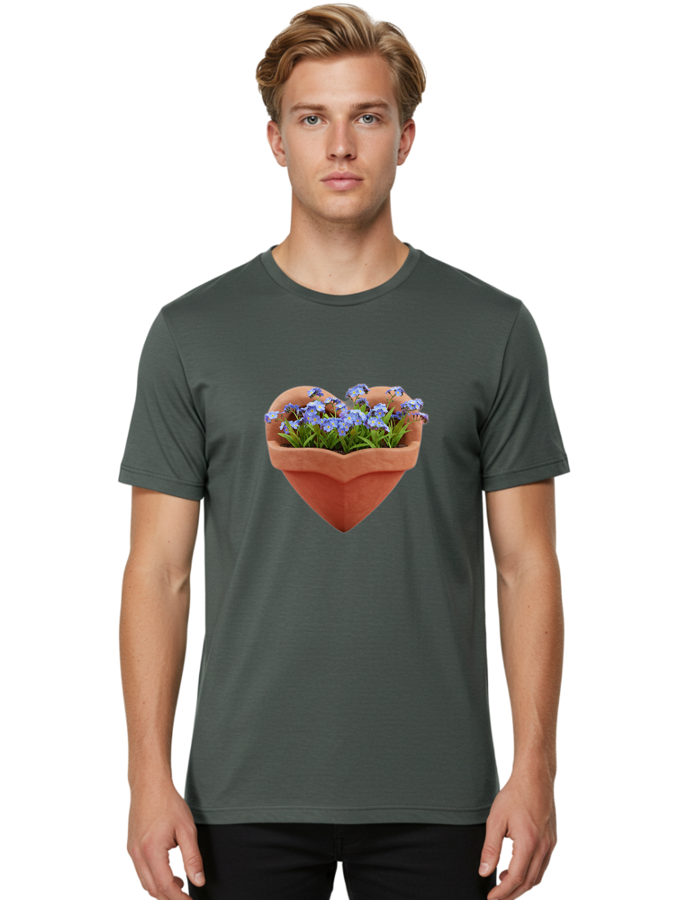 Heart-Shaped-Pot-With-Flowers Men'S Graphic Tee, 100% Cotton, Comfortable Casual Summer Wear, Machine Washable, Heart-Shaped Terracotta Pot, Blooming Blue Flowers, Vibrant Flowers, Fresh Blooms, Floral Arrangement, Flower Pot, Blue Petals, Baa792