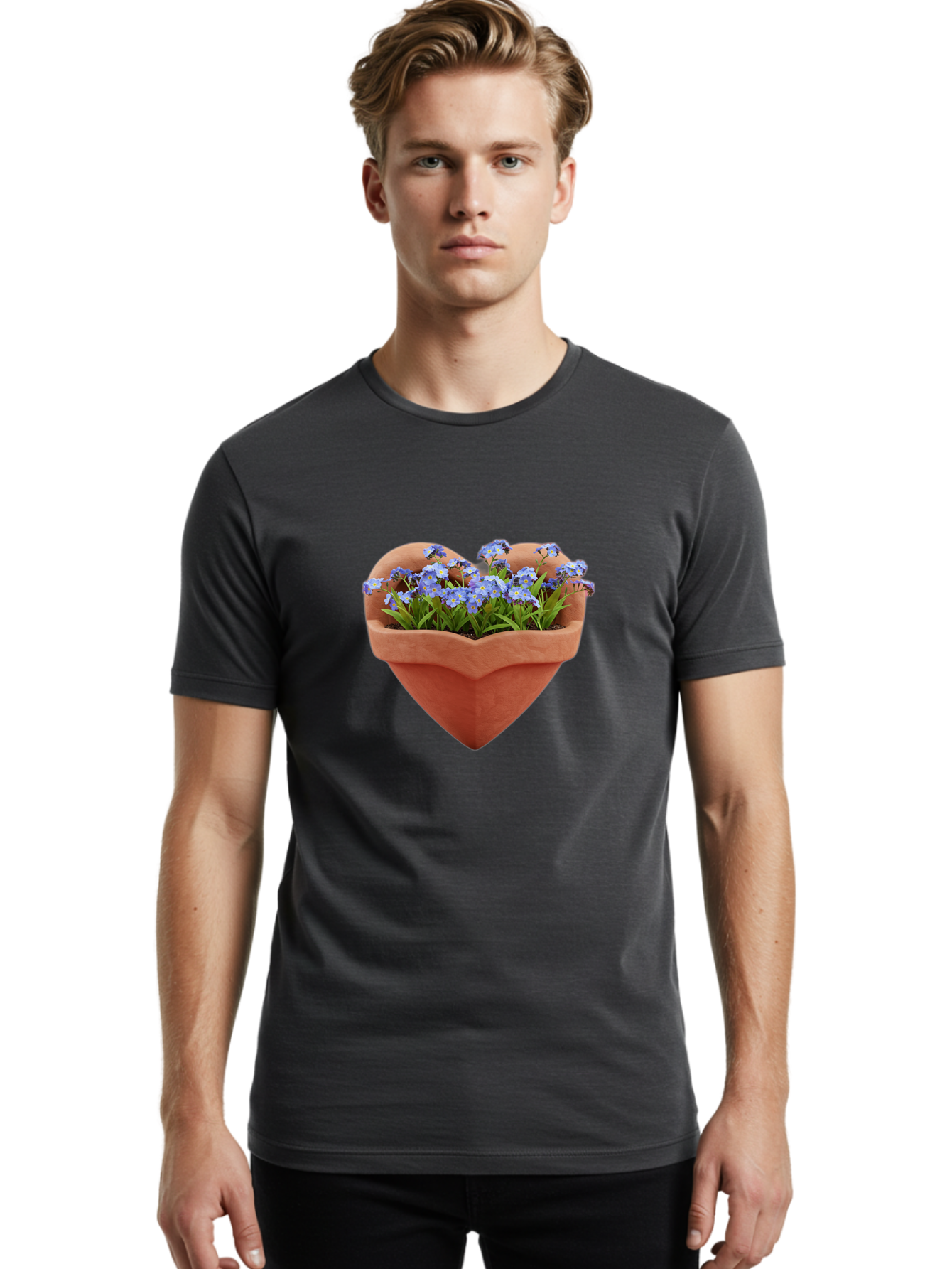 Heart-Shaped-Pot-With-Flowers Men'S Graphic Tee, 100% Cotton, Comfortable Casual Summer Wear, Machine Washable, Heart-Shaped Terracotta Pot, Blooming Blue Flowers, Vibrant Flowers, Fresh Blooms, Floral Arrangement, Flower Pot, Blue Petals, Baa792