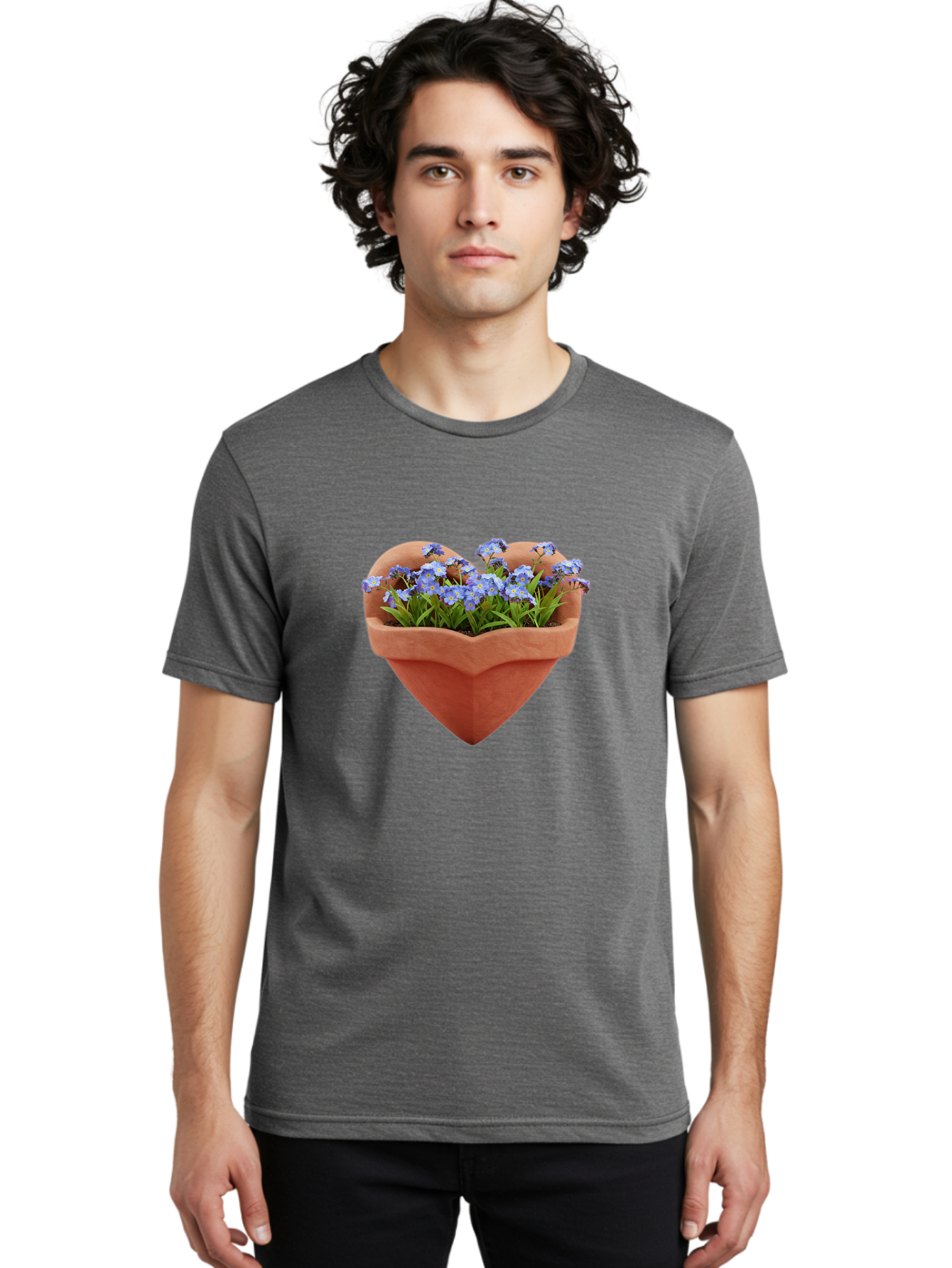 Heart-Shaped-Pot-With-Flowers Men'S Graphic Tee, 100% Cotton, Comfortable Casual Summer Wear, Machine Washable, Heart-Shaped Terracotta Pot, Blooming Blue Flowers, Vibrant Flowers, Fresh Blooms, Floral Arrangement, Flower Pot, Blue Petals, Baa792