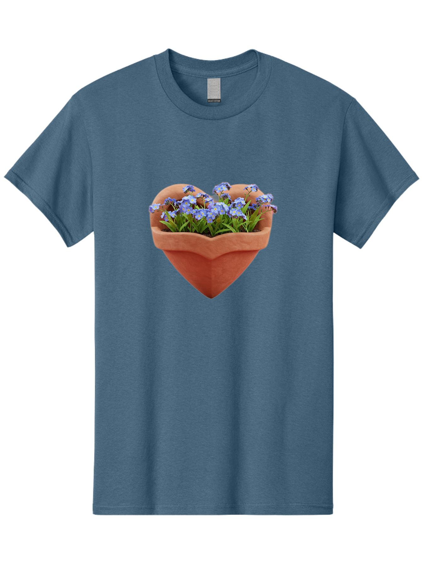 Heart-Shaped-Pot-With-Flowers Men'S Graphic Tee, 100% Cotton, Comfortable Casual Summer Wear, Machine Washable, Heart-Shaped Terracotta Pot, Blooming Blue Flowers, Vibrant Flowers, Fresh Blooms, Floral Arrangement, Flower Pot, Blue Petals, Baa792