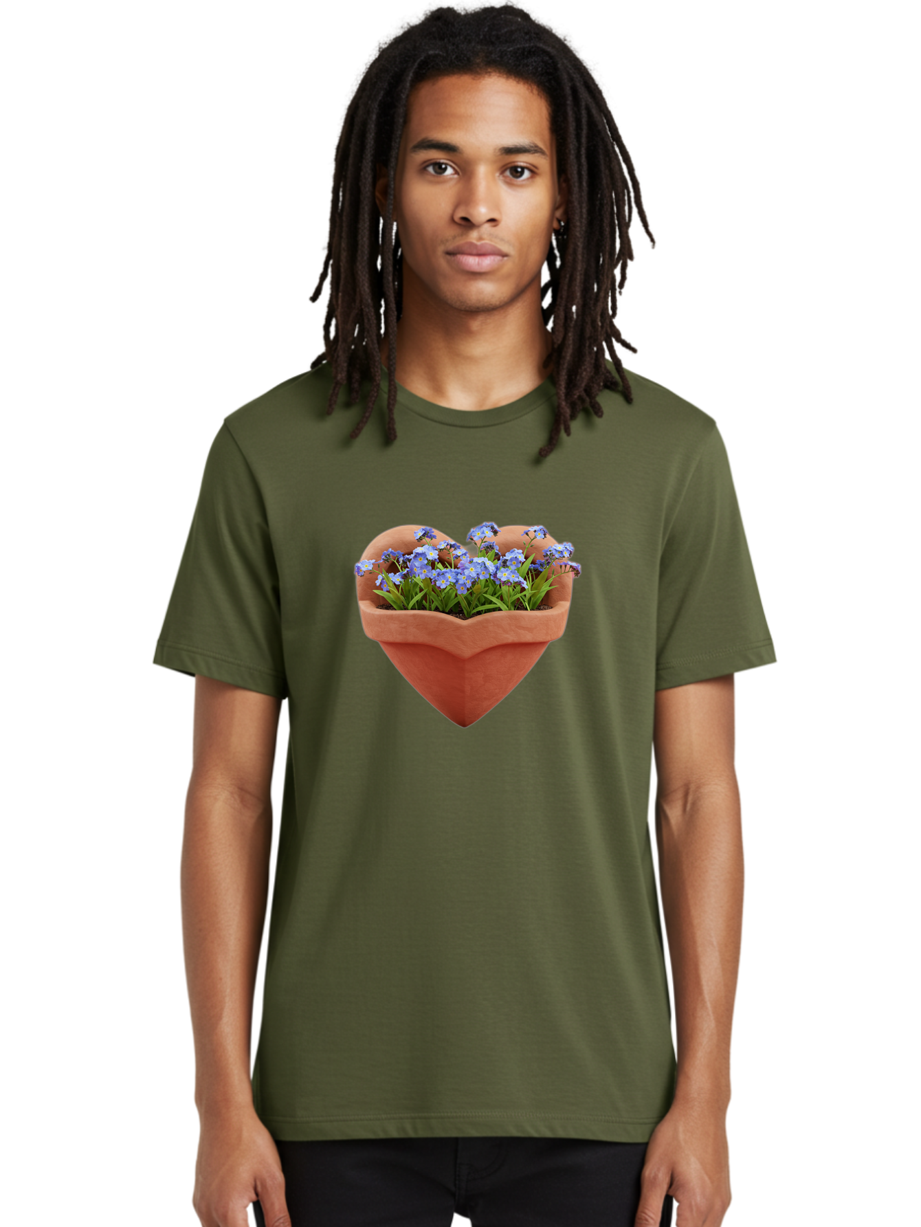 Heart-Shaped-Pot-With-Flowers Men'S Graphic Tee, 100% Cotton, Comfortable Casual Summer Wear, Machine Washable, Heart-Shaped Terracotta Pot, Blooming Blue Flowers, Vibrant Flowers, Fresh Blooms, Floral Arrangement, Flower Pot, Blue Petals, Baa792