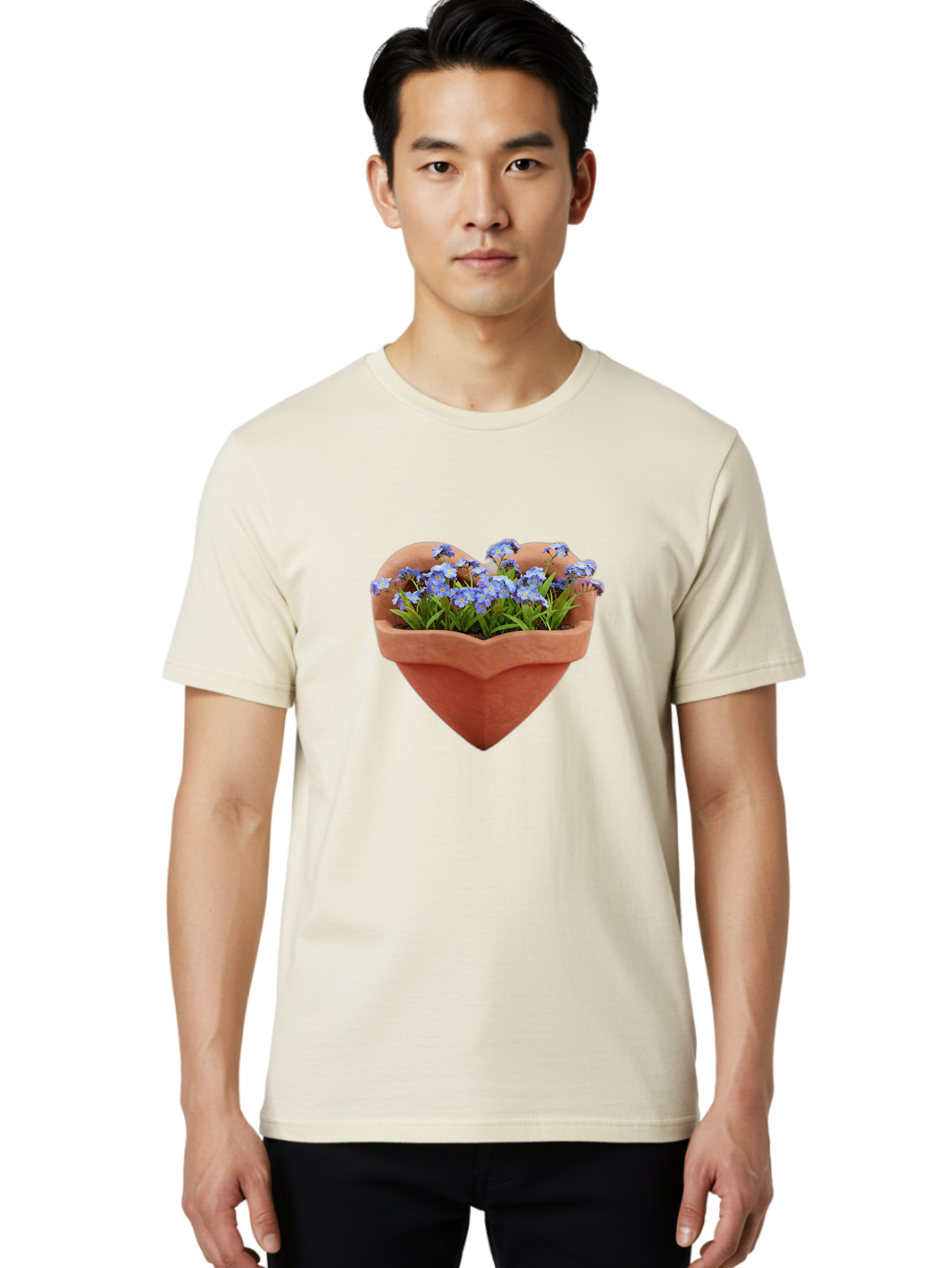 Heart-Shaped-Pot-With-Flowers Men'S Graphic Tee, 100% Cotton, Comfortable Casual Summer Wear, Machine Washable, Heart-Shaped Terracotta Pot, Blooming Blue Flowers, Vibrant Flowers, Fresh Blooms, Floral Arrangement, Flower Pot, Blue Petals, Baa792