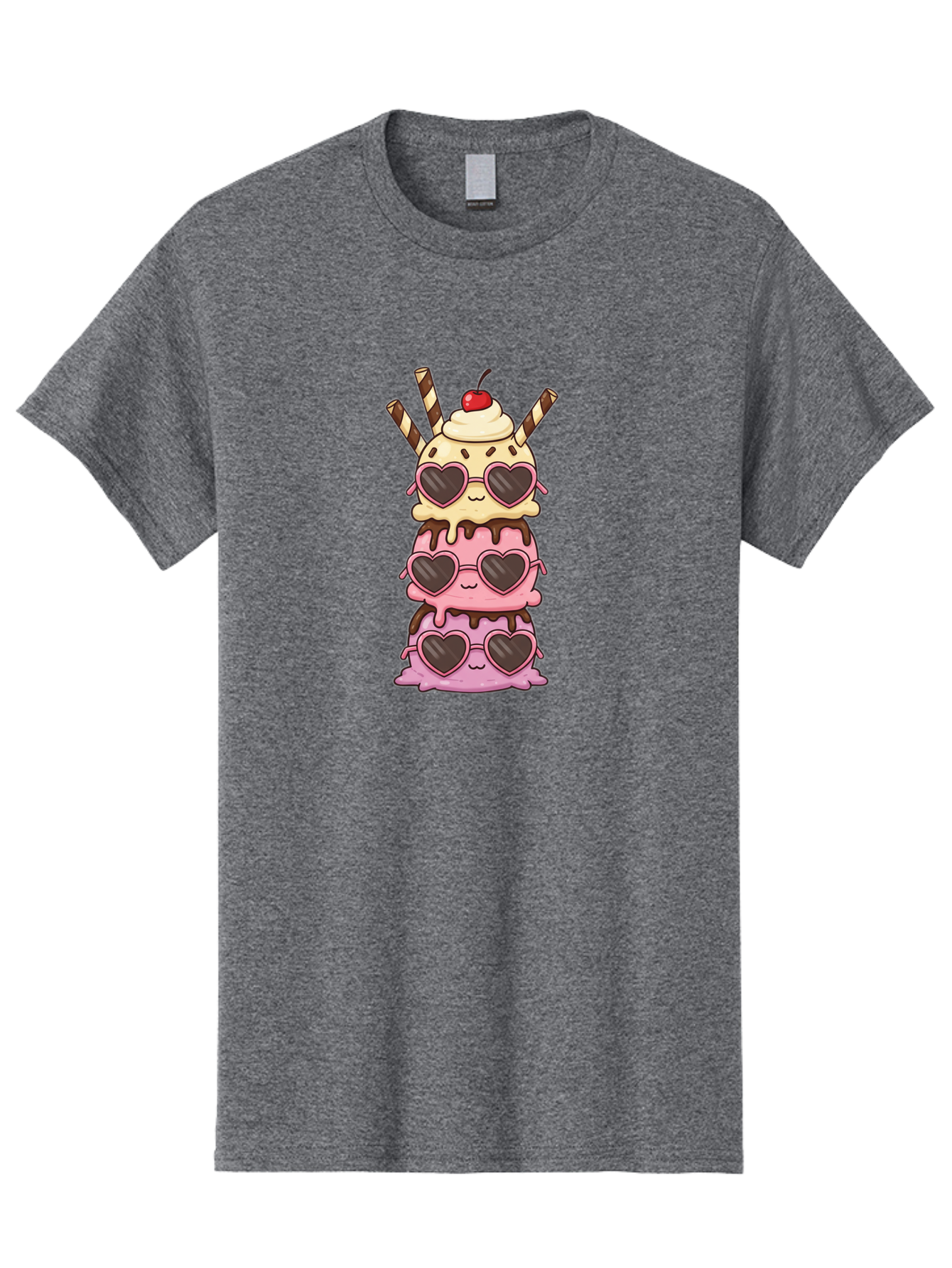 Heart-Sunglasses-Ice-Cream Men'S Graphic Tee, 100% Cotton, Comfortable Casual Summer Wear, Machine Washable, Stacked Ice Cream, Heart Shaped Sunglasses, Strawberry Ice Cream, Chocolate Sauce, Whipped Cream, Cherry On Top, Striped Straws, Baa793