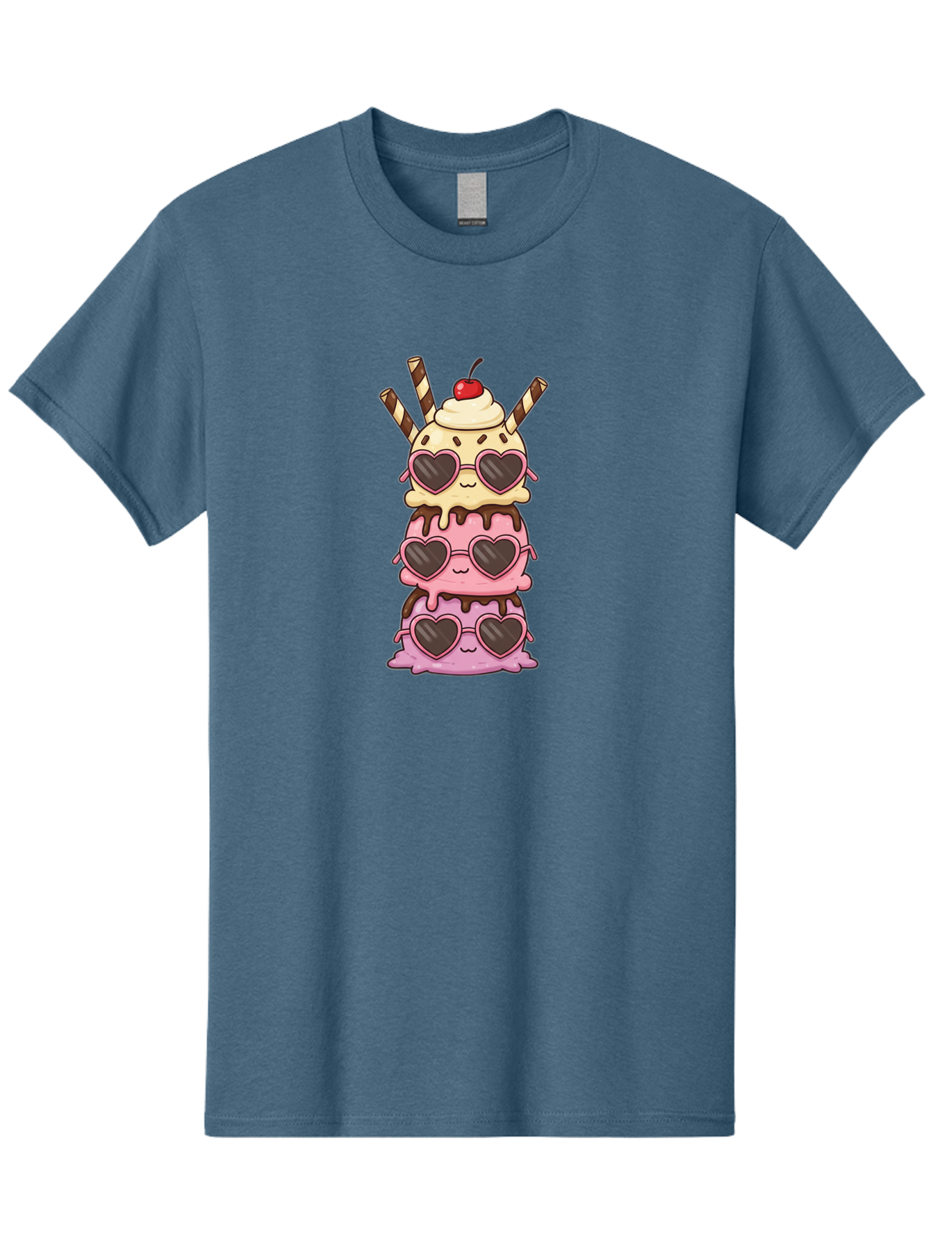 Heart-Sunglasses-Ice-Cream Men'S Graphic Tee, 100% Cotton, Comfortable Casual Summer Wear, Machine Washable, Stacked Ice Cream, Heart Shaped Sunglasses, Strawberry Ice Cream, Chocolate Sauce, Whipped Cream, Cherry On Top, Striped Straws, Baa793