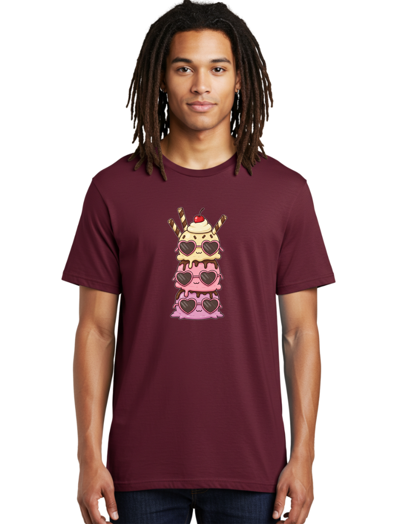 Heart-Sunglasses-Ice-Cream Men'S Graphic Tee, 100% Cotton, Comfortable Casual Summer Wear, Machine Washable, Stacked Ice Cream, Heart Shaped Sunglasses, Strawberry Ice Cream, Chocolate Sauce, Whipped Cream, Cherry On Top, Striped Straws, Baa793