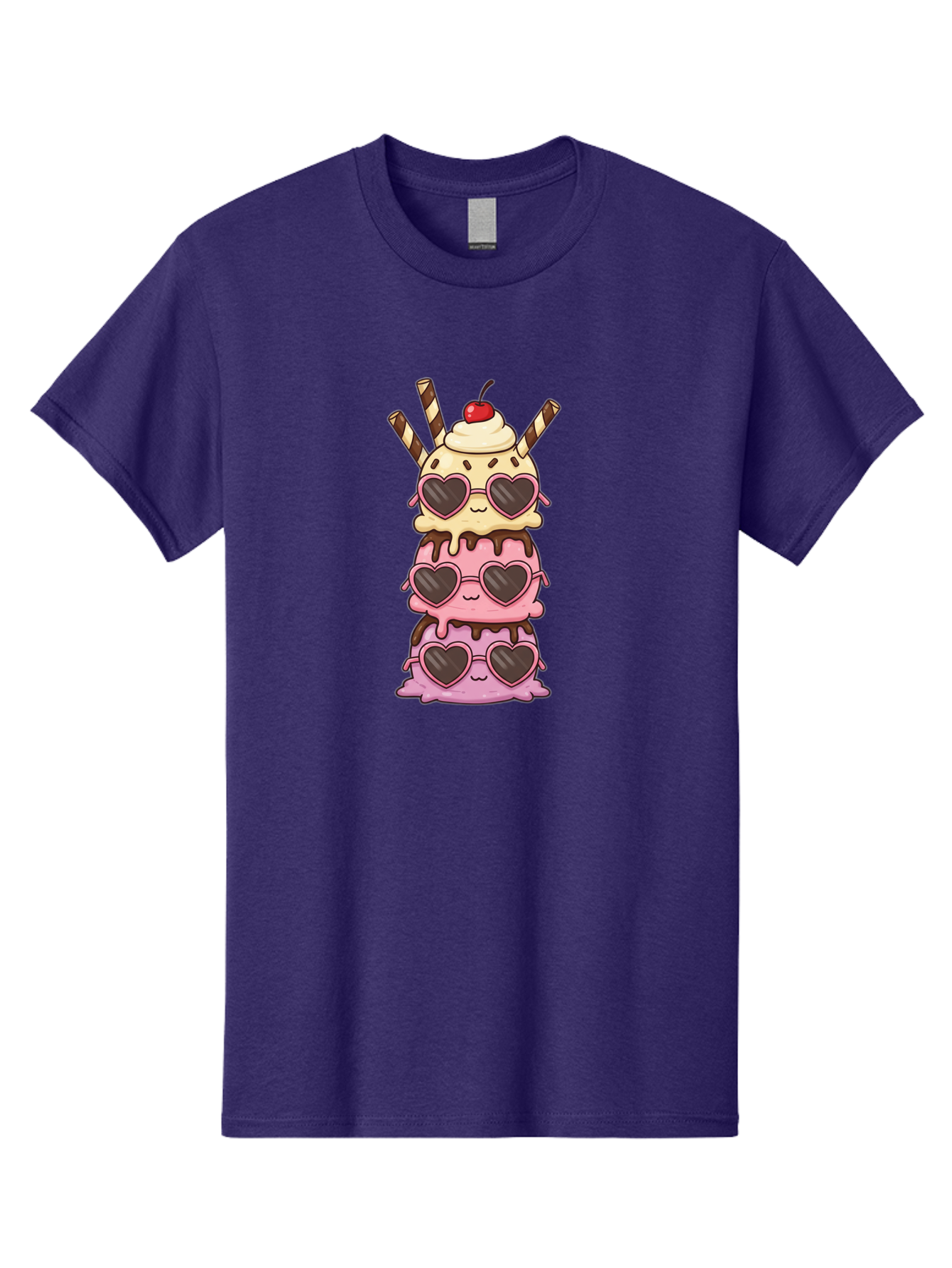 Heart-Sunglasses-Ice-Cream Men'S Graphic Tee, 100% Cotton, Comfortable Casual Summer Wear, Machine Washable, Stacked Ice Cream, Heart Shaped Sunglasses, Strawberry Ice Cream, Chocolate Sauce, Whipped Cream, Cherry On Top, Striped Straws, Baa793