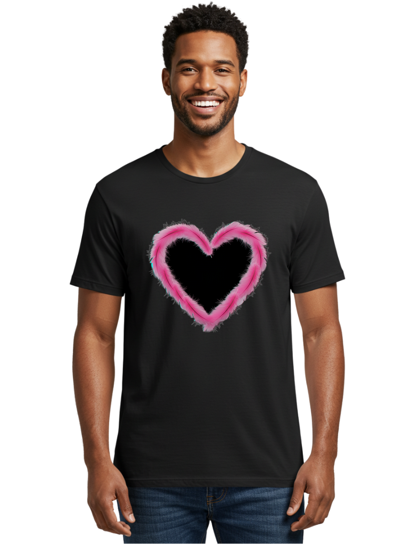 Heart Men'S Graphic Tee, 100% Cotton, Comfortable Casual Summer Wear, Machine Washable, Pink Feather Heart, Fluffy Heart, Romantic Symbol, Fuzzy Love, Heart Shape, Feather Design, Cute Graphics, Valentine'S Icon Baa794