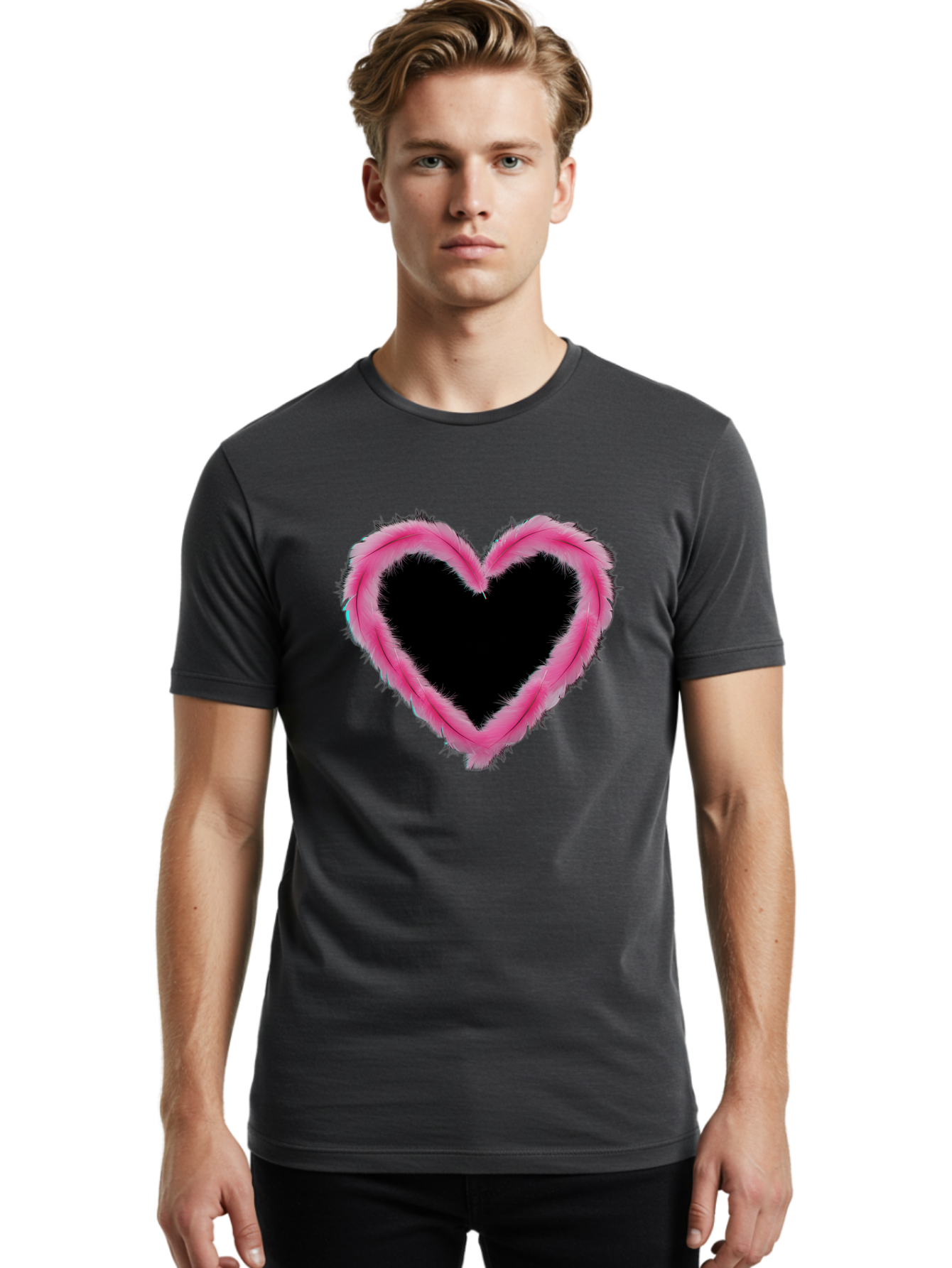 Heart Men'S Graphic Tee, 100% Cotton, Comfortable Casual Summer Wear, Machine Washable, Pink Feather Heart, Fluffy Heart, Romantic Symbol, Fuzzy Love, Heart Shape, Feather Design, Cute Graphics, Valentine'S Icon Baa794