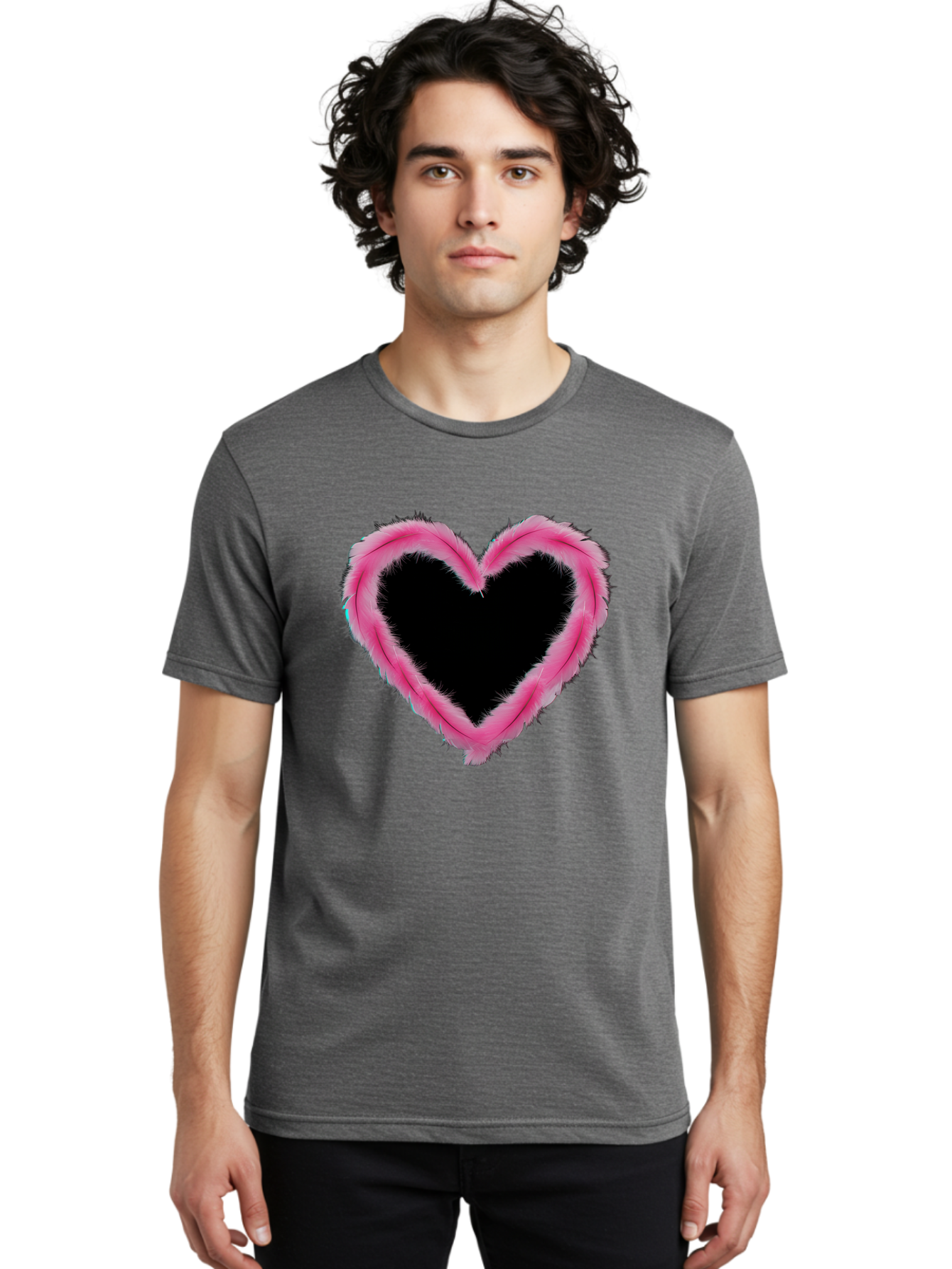 Heart Men'S Graphic Tee, 100% Cotton, Comfortable Casual Summer Wear, Machine Washable, Pink Feather Heart, Fluffy Heart, Romantic Symbol, Fuzzy Love, Heart Shape, Feather Design, Cute Graphics, Valentine'S Icon Baa794