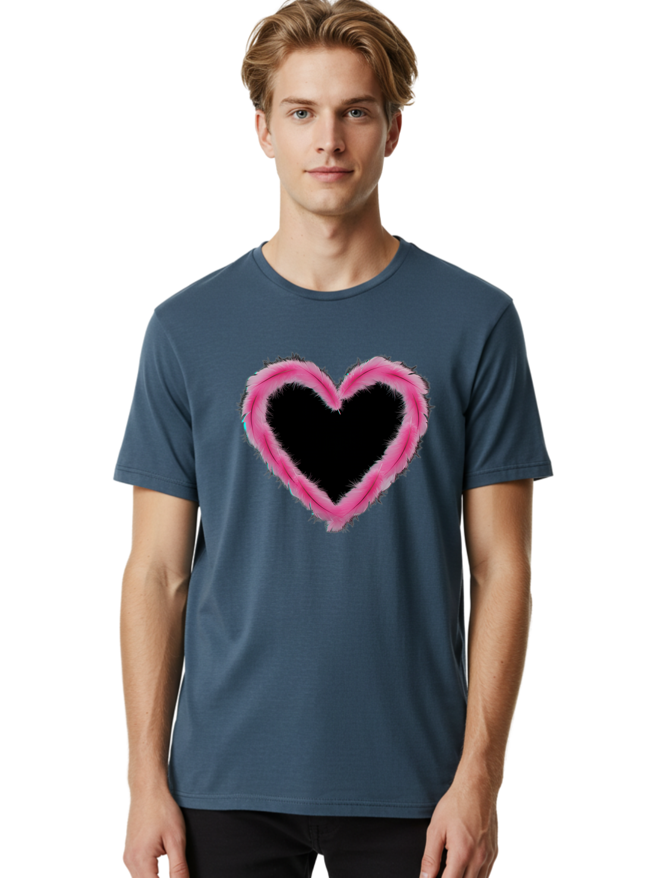 Heart Men'S Graphic Tee, 100% Cotton, Comfortable Casual Summer Wear, Machine Washable, Pink Feather Heart, Fluffy Heart, Romantic Symbol, Fuzzy Love, Heart Shape, Feather Design, Cute Graphics, Valentine'S Icon Baa794