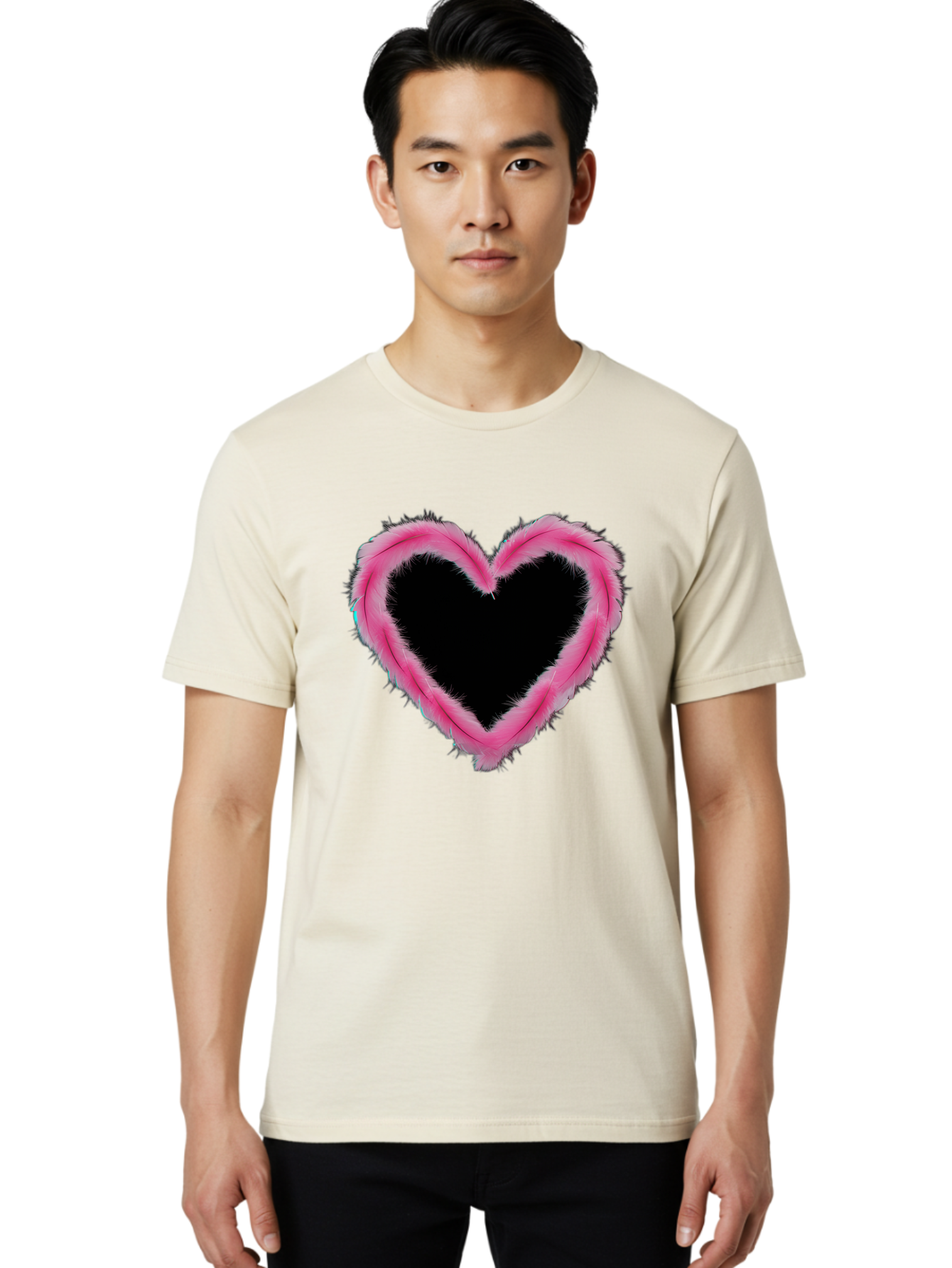 Heart Men'S Graphic Tee, 100% Cotton, Comfortable Casual Summer Wear, Machine Washable, Pink Feather Heart, Fluffy Heart, Romantic Symbol, Fuzzy Love, Heart Shape, Feather Design, Cute Graphics, Valentine'S Icon Baa794