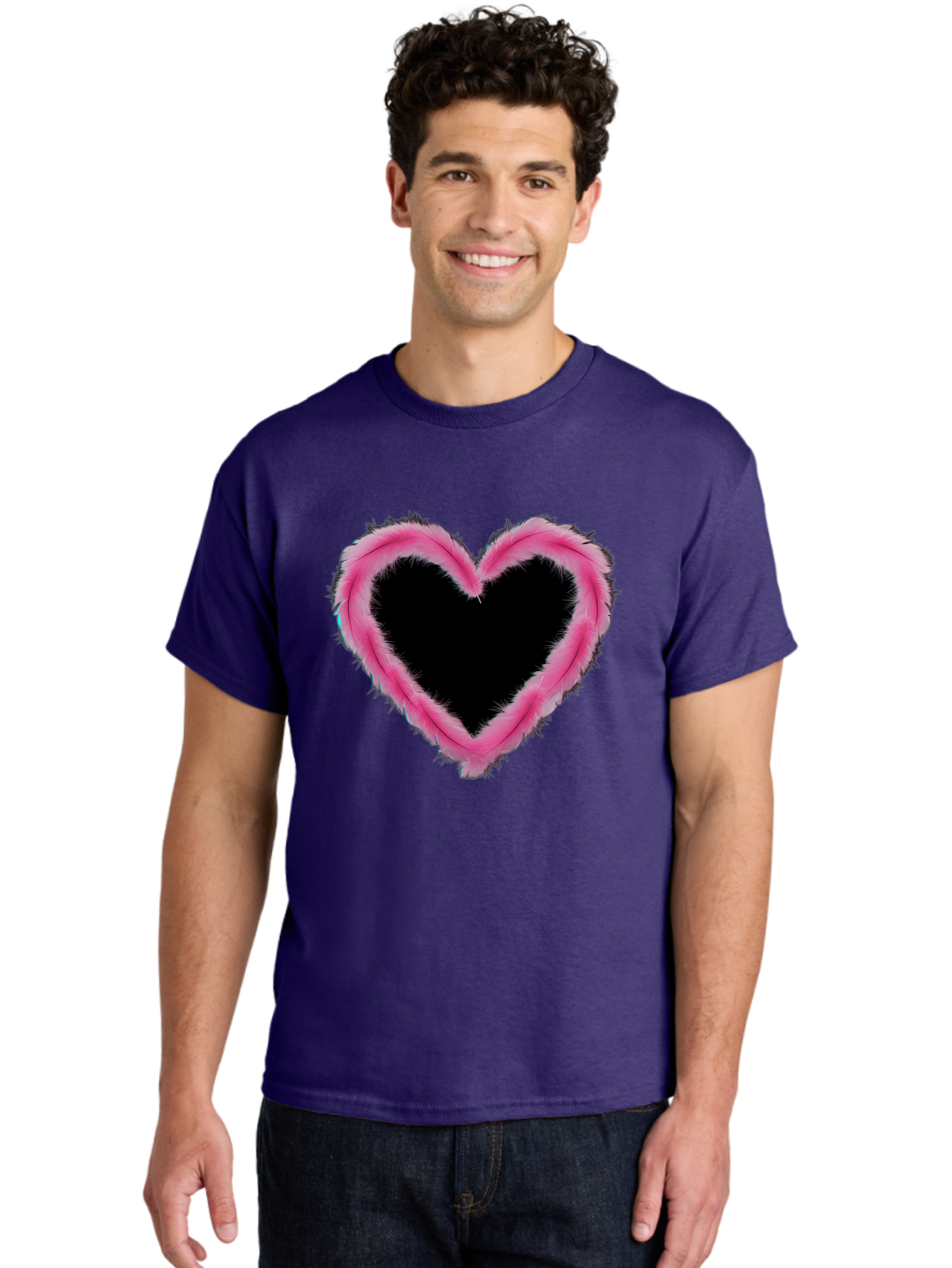 Heart Men'S Graphic Tee, 100% Cotton, Comfortable Casual Summer Wear, Machine Washable, Pink Feather Heart, Fluffy Heart, Romantic Symbol, Fuzzy Love, Heart Shape, Feather Design, Cute Graphics, Valentine'S Icon Baa794