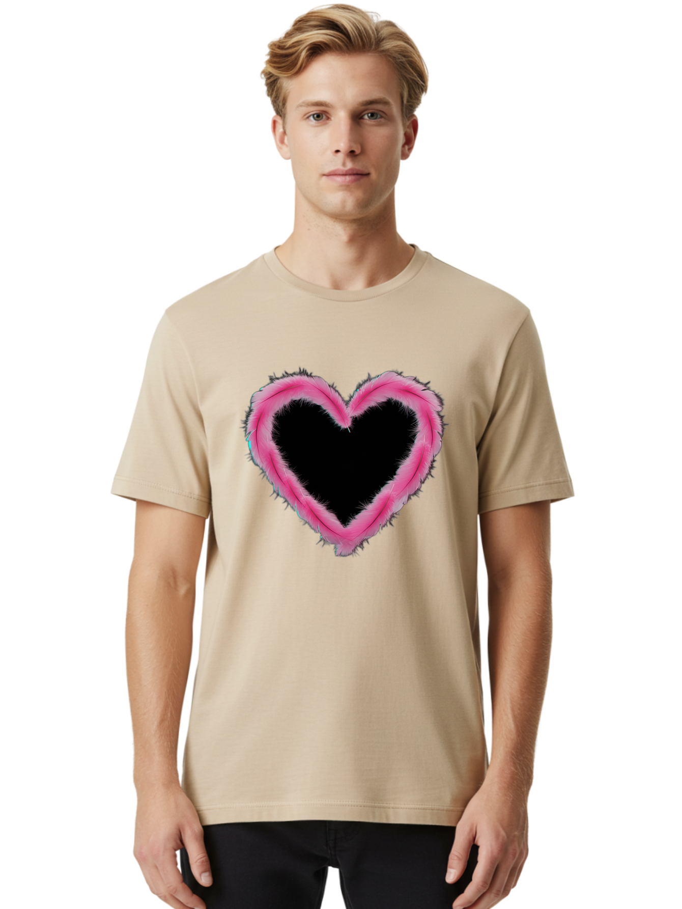 Heart Men'S Graphic Tee, 100% Cotton, Comfortable Casual Summer Wear, Machine Washable, Pink Feather Heart, Fluffy Heart, Romantic Symbol, Fuzzy Love, Heart Shape, Feather Design, Cute Graphics, Valentine'S Icon Baa794