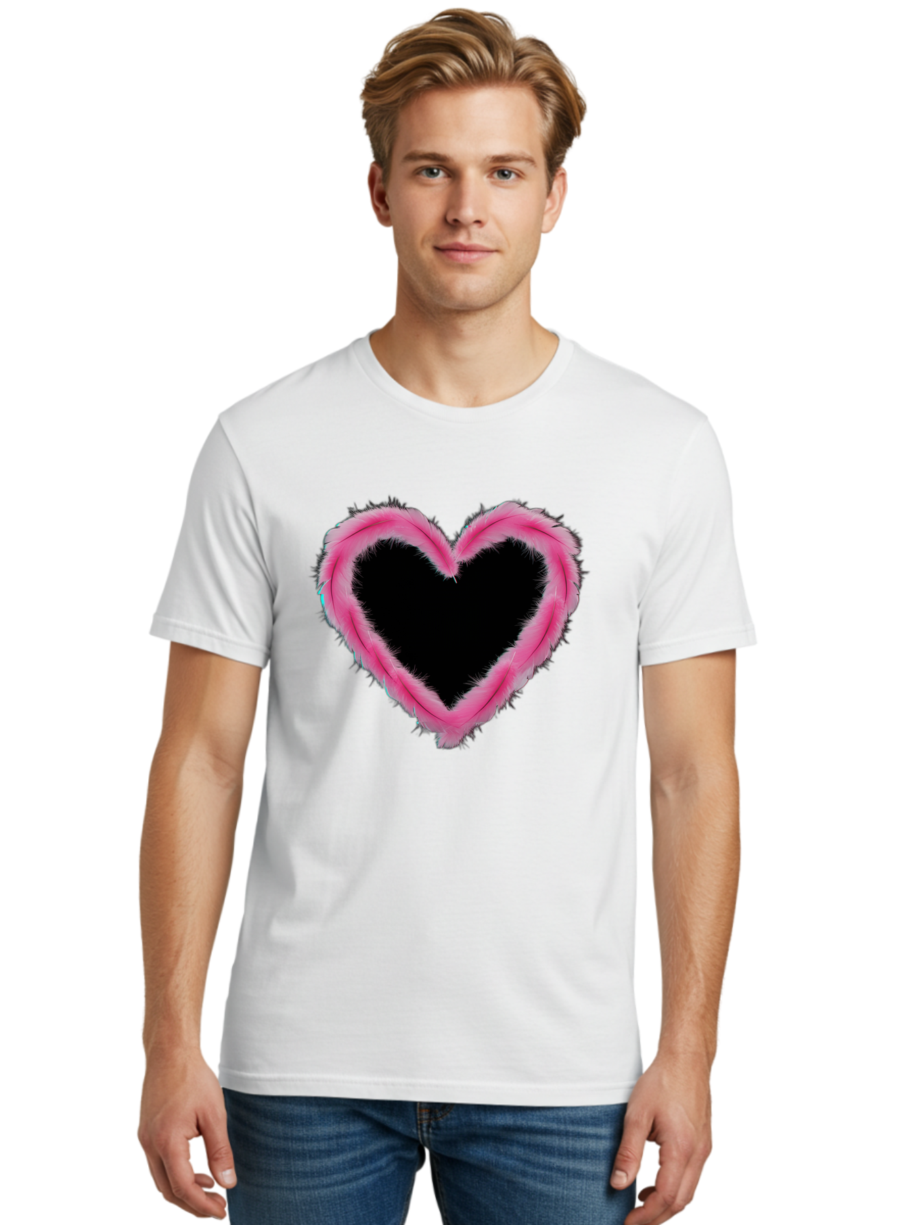 Heart Men'S Graphic Tee, 100% Cotton, Comfortable Casual Summer Wear, Machine Washable, Pink Feather Heart, Fluffy Heart, Romantic Symbol, Fuzzy Love, Heart Shape, Feather Design, Cute Graphics, Valentine'S Icon Baa794