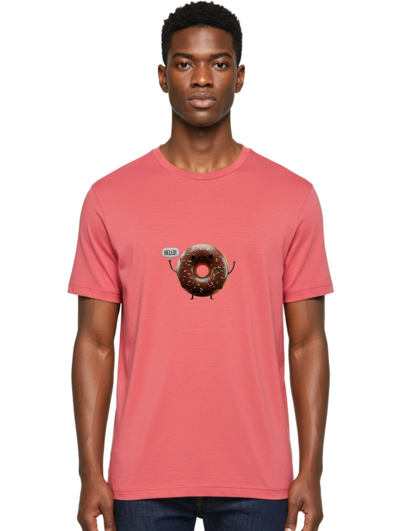 Hello-Donut Men'S Graphic Tee, 100% Cotton, Comfortable Casual Summer Wear, Machine Washable, Chocolate Donut With Sprinkles, Donut Character, Hello Greeting, Sweet Treat, Cartoon Donut, Playful Design, Colorful Sprinkles, Baa795