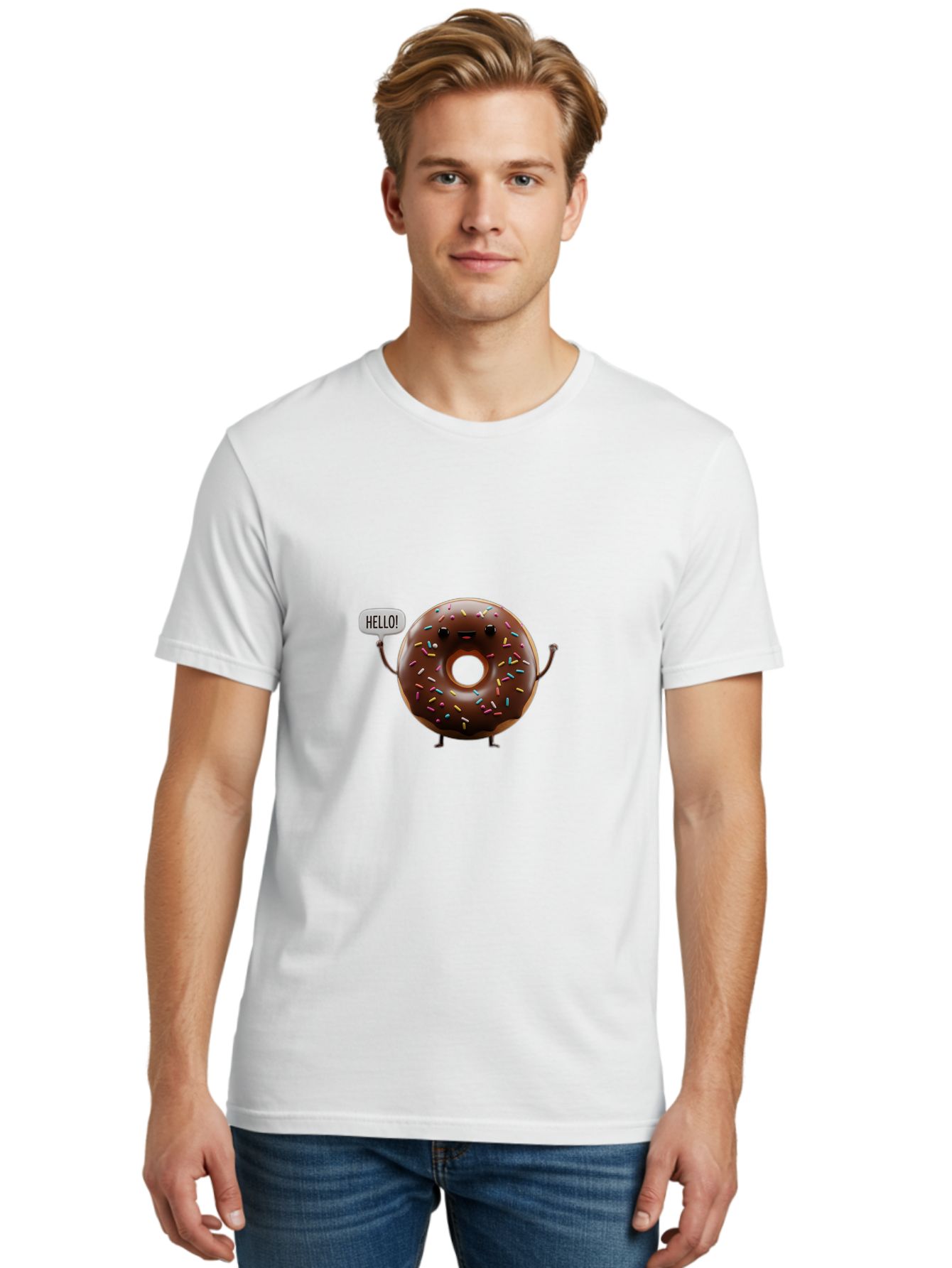 Hello-Donut Men'S Graphic Tee, 100% Cotton, Comfortable Casual Summer Wear, Machine Washable, Chocolate Donut With Sprinkles, Donut Character, Hello Greeting, Sweet Treat, Cartoon Donut, Playful Design, Colorful Sprinkles, Baa795