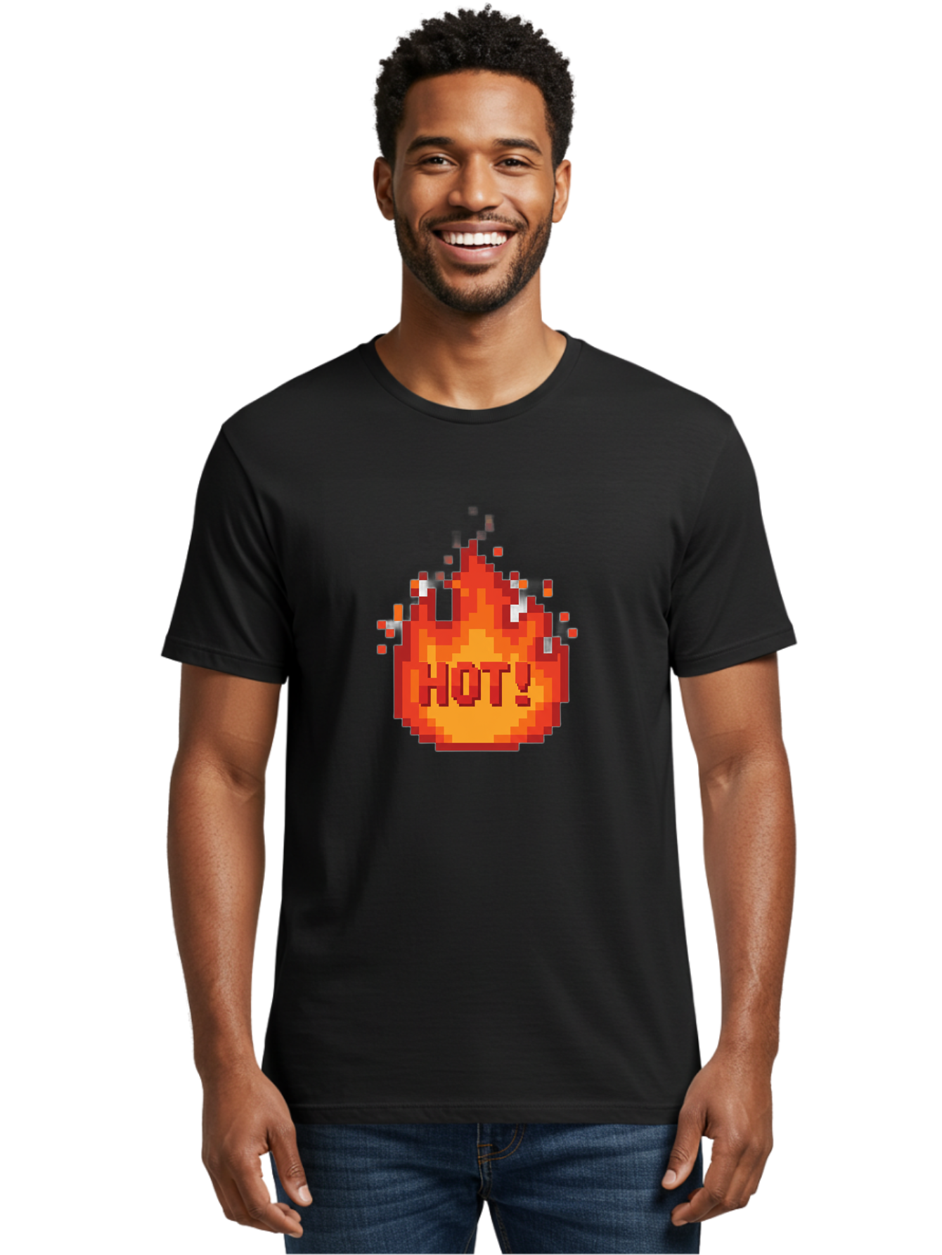 Hot-1 Men'S Graphic Tee, 100% Cotton, Comfortable Casual Summer Wear, Machine Washable, Blazing Fire, Hot Emoji, Burning Flames, Fiery Passion, Intense Heat, Vibrant Graphics, Pixel Art, Retro Style, Digital Graphics Baa797