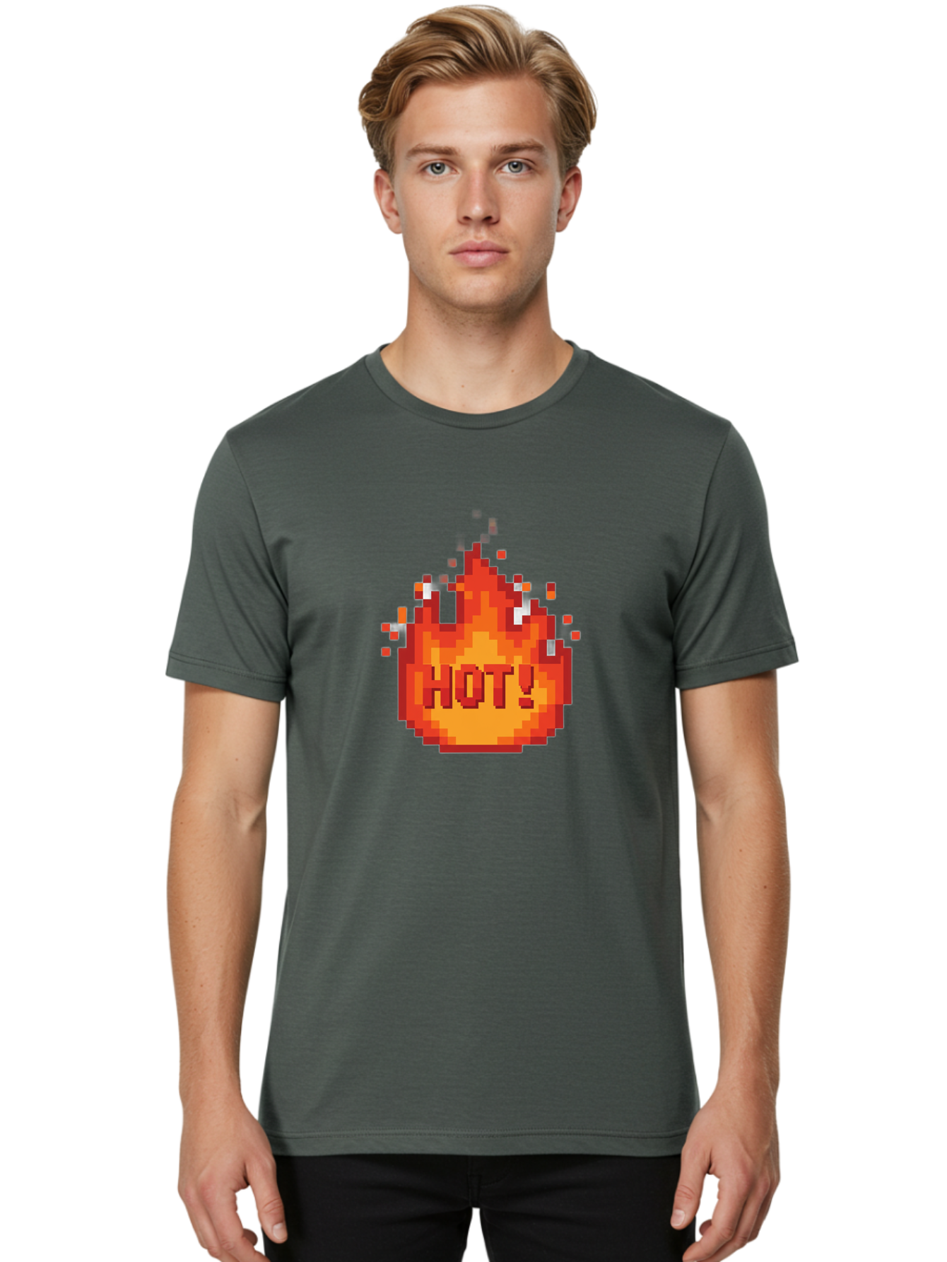 Hot-1 Men'S Graphic Tee, 100% Cotton, Comfortable Casual Summer Wear, Machine Washable, Blazing Fire, Hot Emoji, Burning Flames, Fiery Passion, Intense Heat, Vibrant Graphics, Pixel Art, Retro Style, Digital Graphics Baa797