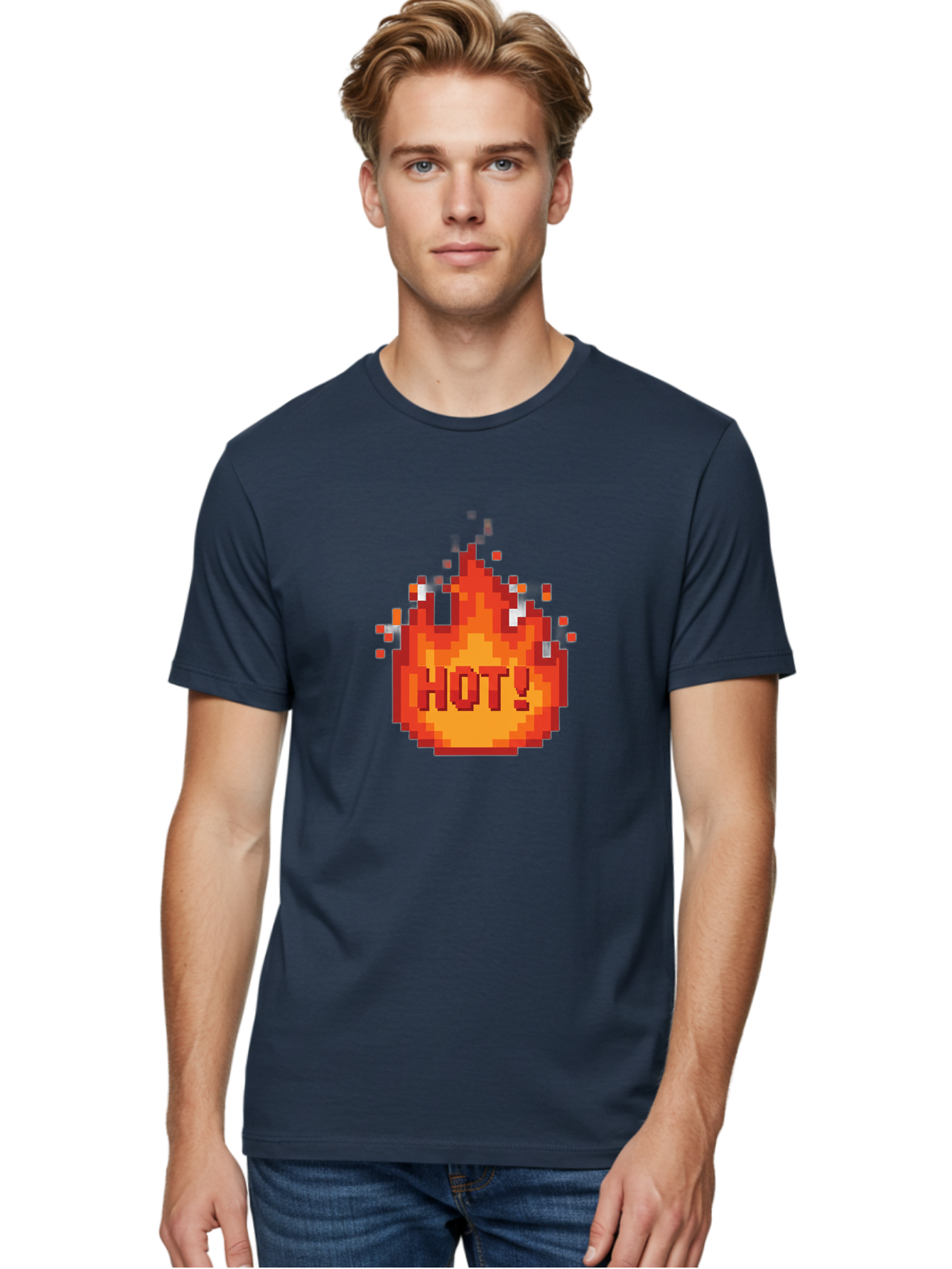 Hot-1 Men'S Graphic Tee, 100% Cotton, Comfortable Casual Summer Wear, Machine Washable, Blazing Fire, Hot Emoji, Burning Flames, Fiery Passion, Intense Heat, Vibrant Graphics, Pixel Art, Retro Style, Digital Graphics Baa797