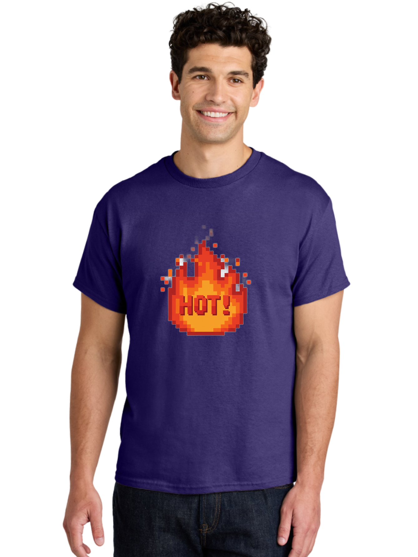 Hot-1 Men'S Graphic Tee, 100% Cotton, Comfortable Casual Summer Wear, Machine Washable, Blazing Fire, Hot Emoji, Burning Flames, Fiery Passion, Intense Heat, Vibrant Graphics, Pixel Art, Retro Style, Digital Graphics Baa797