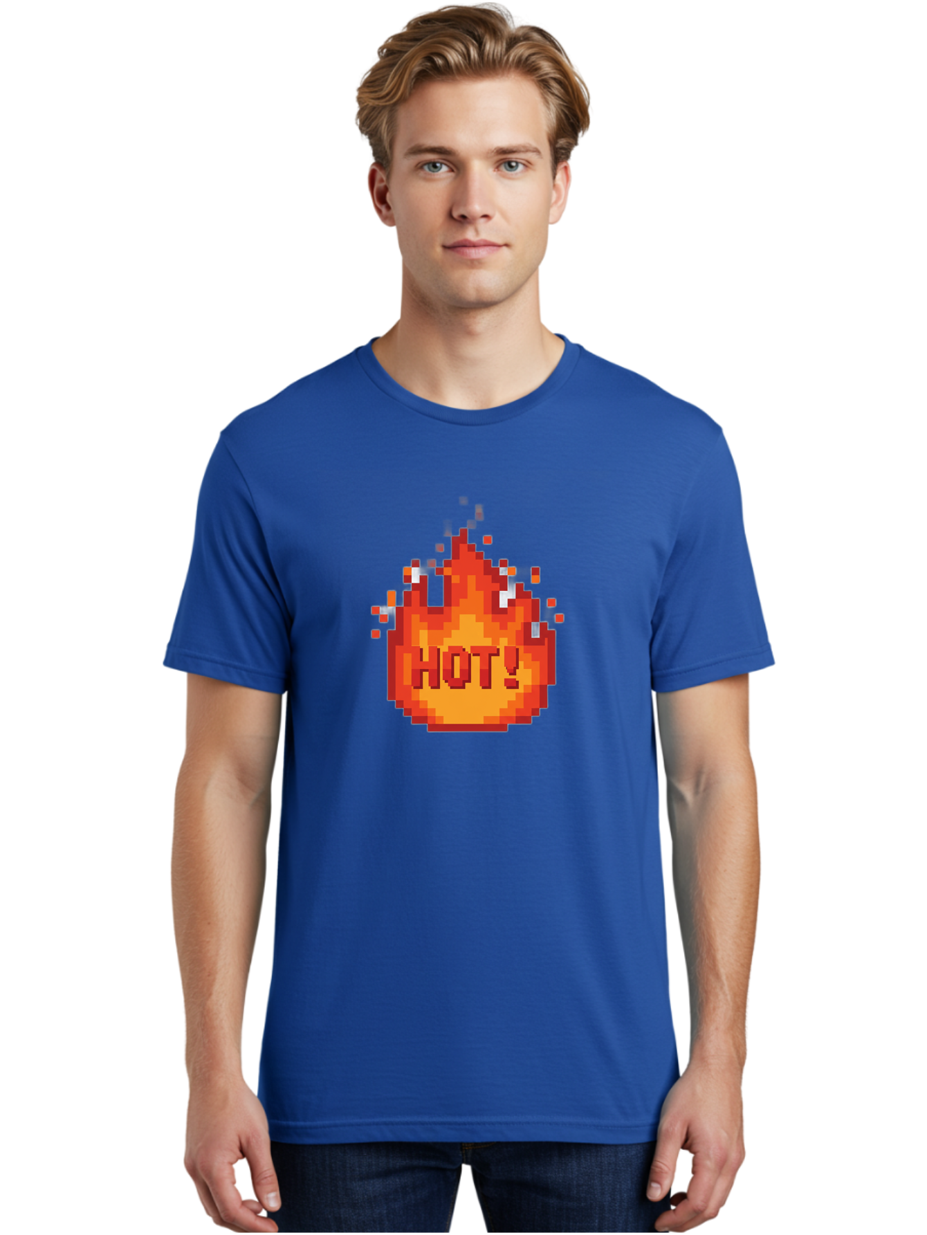 Hot-1 Men'S Graphic Tee, 100% Cotton, Comfortable Casual Summer Wear, Machine Washable, Blazing Fire, Hot Emoji, Burning Flames, Fiery Passion, Intense Heat, Vibrant Graphics, Pixel Art, Retro Style, Digital Graphics Baa797