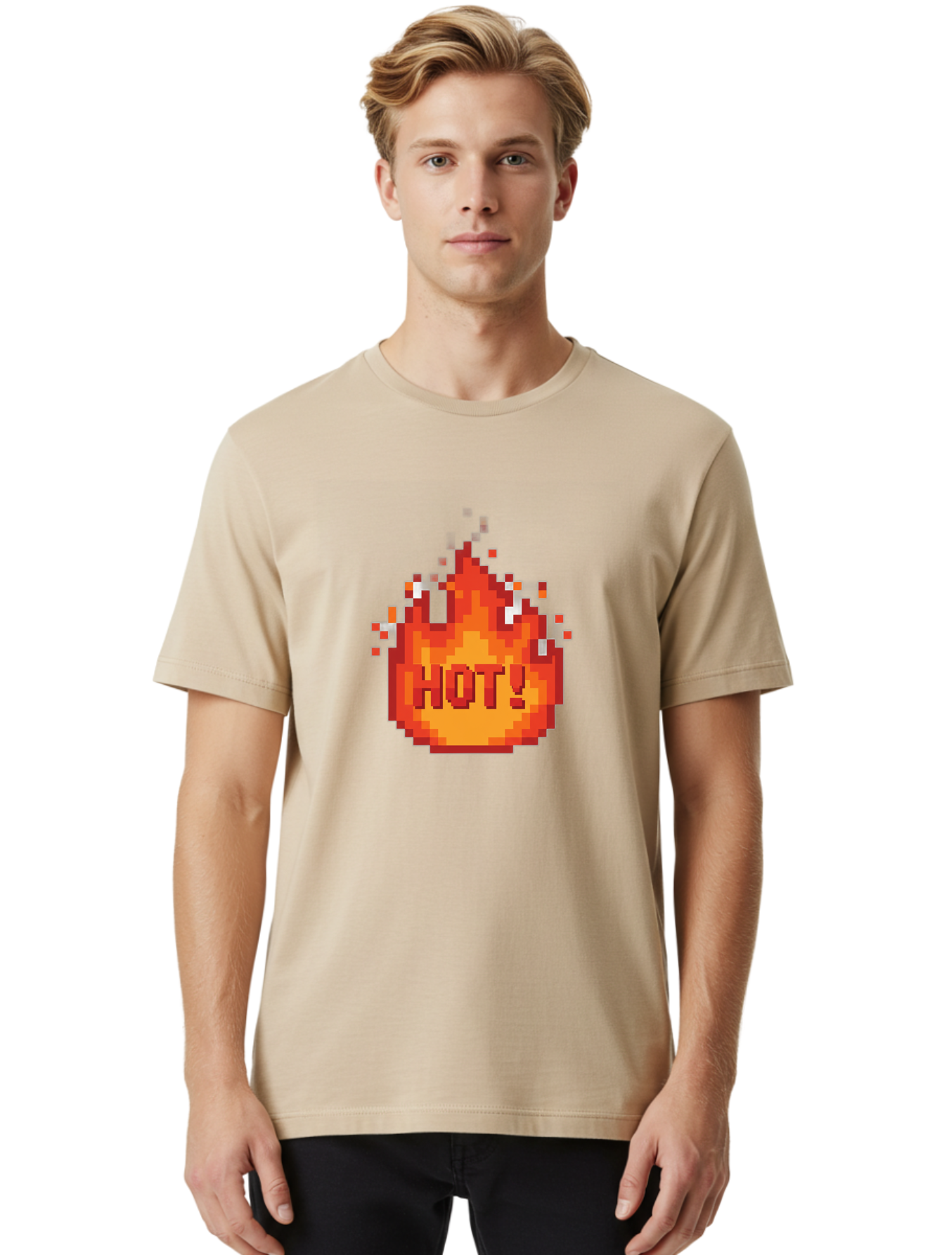 Hot-1 Men'S Graphic Tee, 100% Cotton, Comfortable Casual Summer Wear, Machine Washable, Blazing Fire, Hot Emoji, Burning Flames, Fiery Passion, Intense Heat, Vibrant Graphics, Pixel Art, Retro Style, Digital Graphics Baa797
