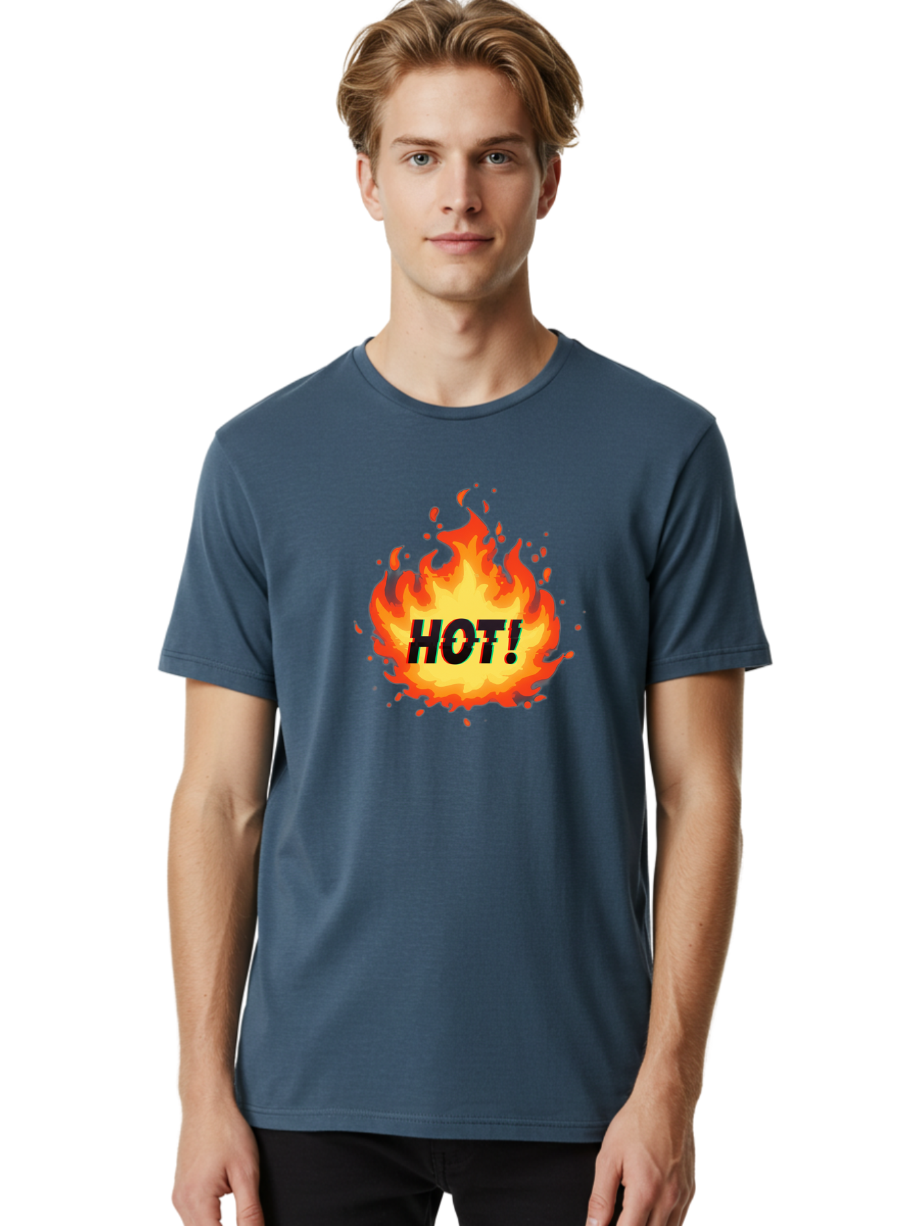 Hot-12 Men'S Graphic Tee, 100% Cotton, Comfortable Casual Summer Wear, Machine Washable, Yellow And Orange Flame, Fire Graphic, Hot Text, Bold Font, Intense Heat, Fiery Illustration, Dramatic Design, Splattered Flames Baa800